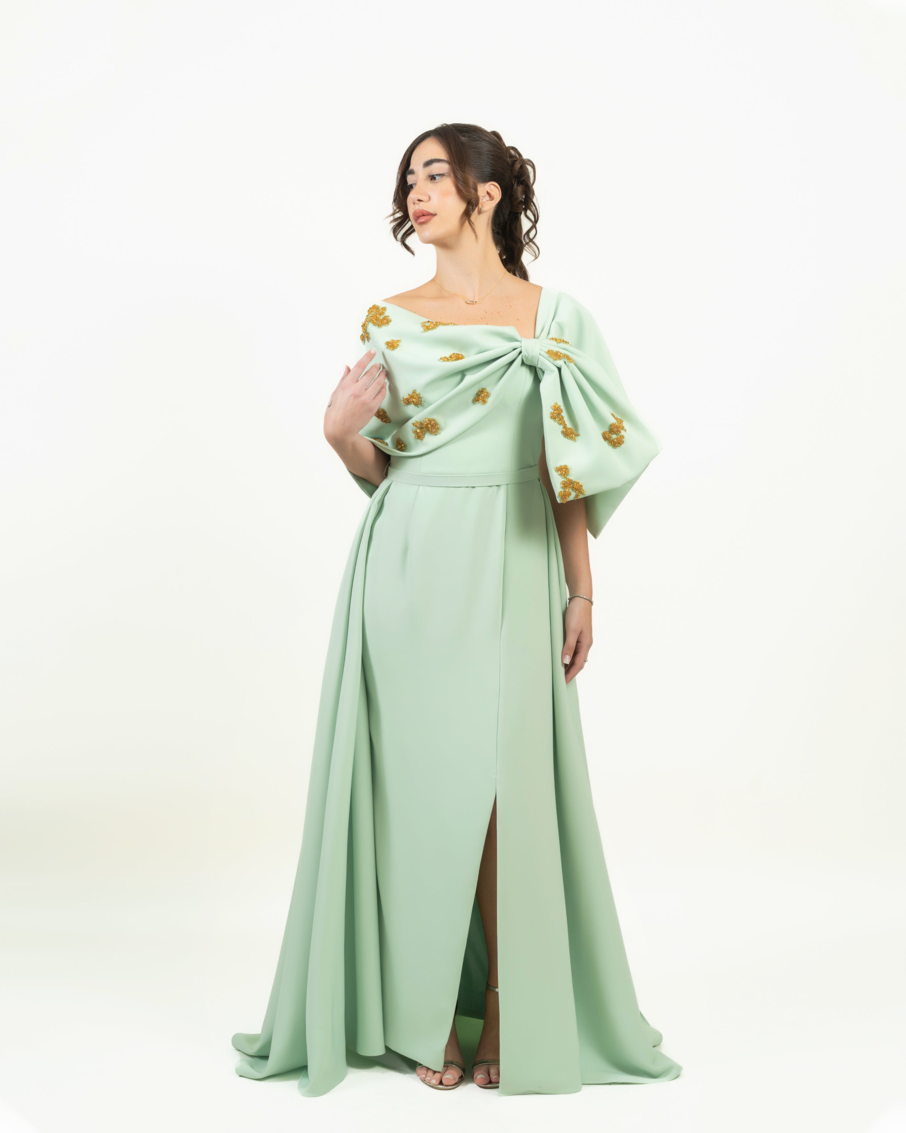 Off-Shoulder Gown with Oversized Bow and Floral Embellishments