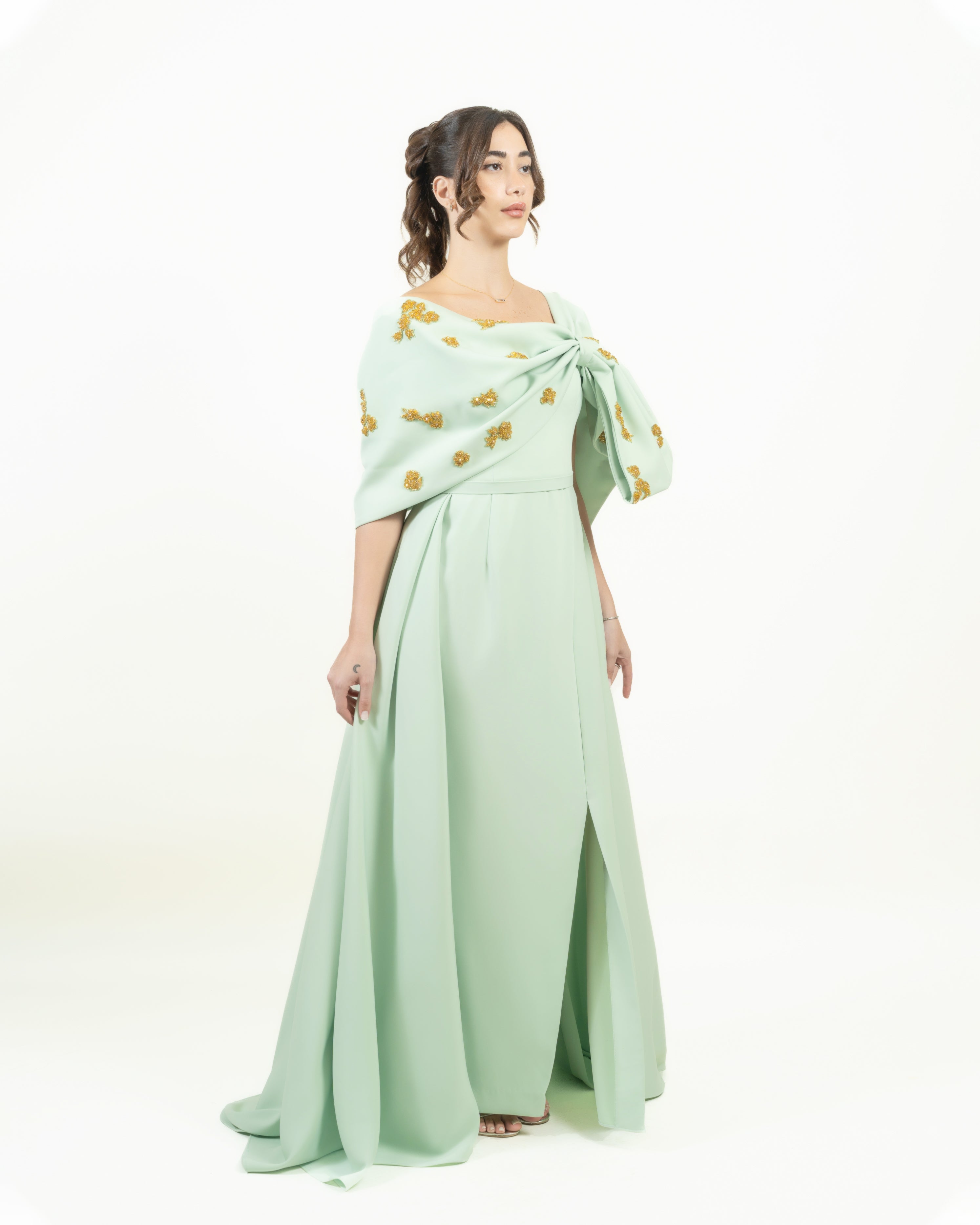 Off-Shoulder Gown with Oversized Bow and Floral Embellishments