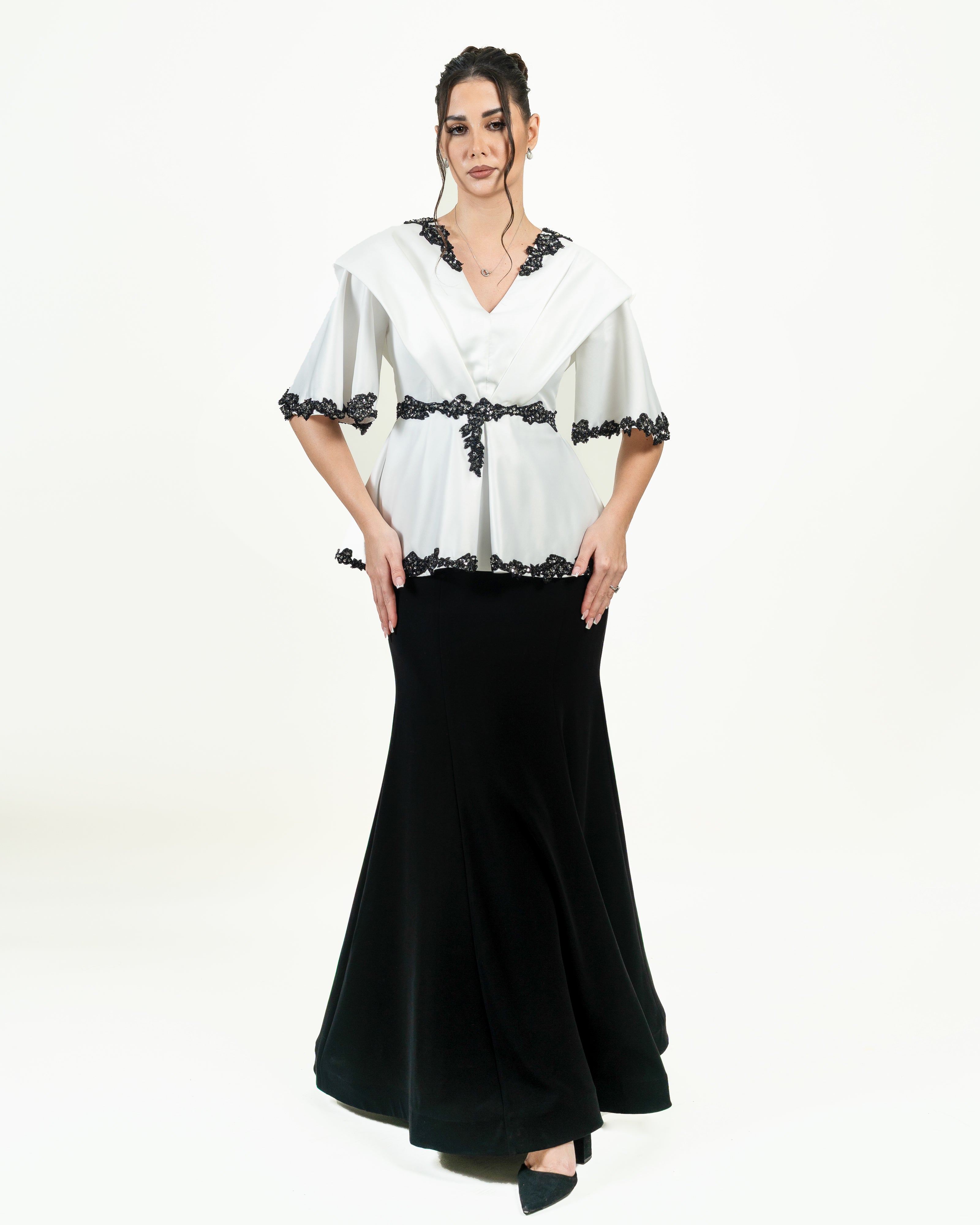 Elegant Monochrome Lace-Trim Evening Ensemble