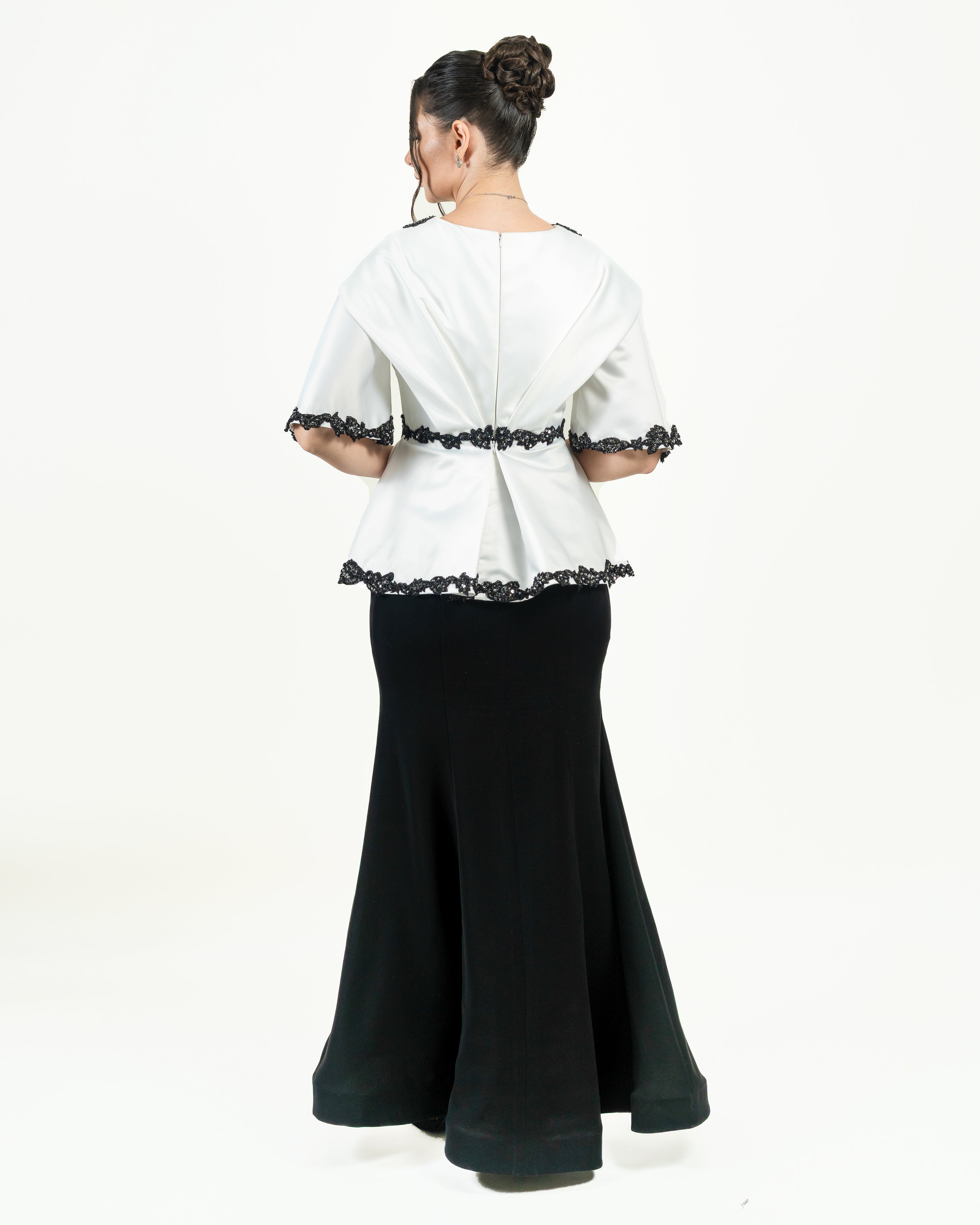 Elegant Monochrome Lace-Trim Evening Ensemble