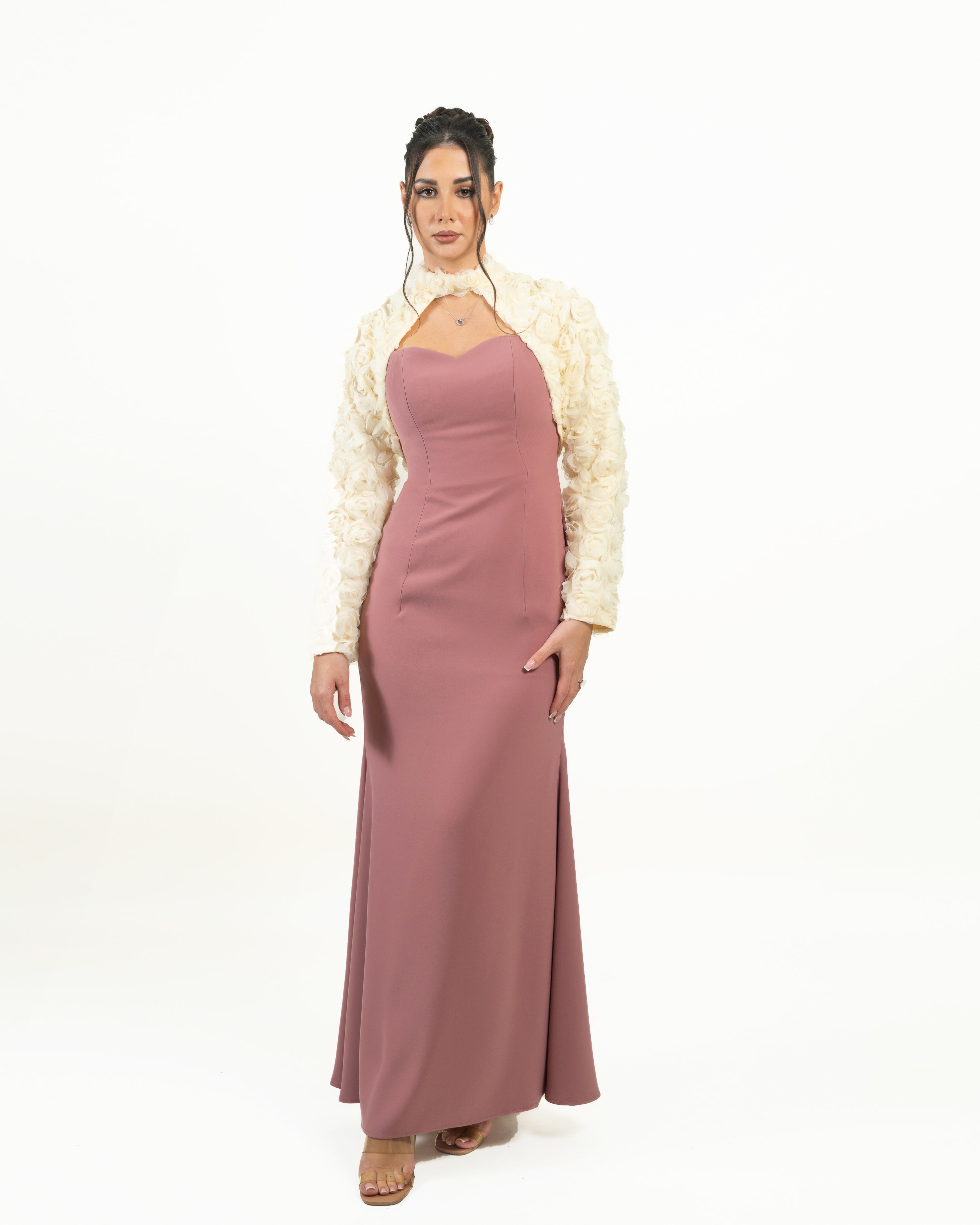 Elegant Evening Gown with Textured Ivory Shrug