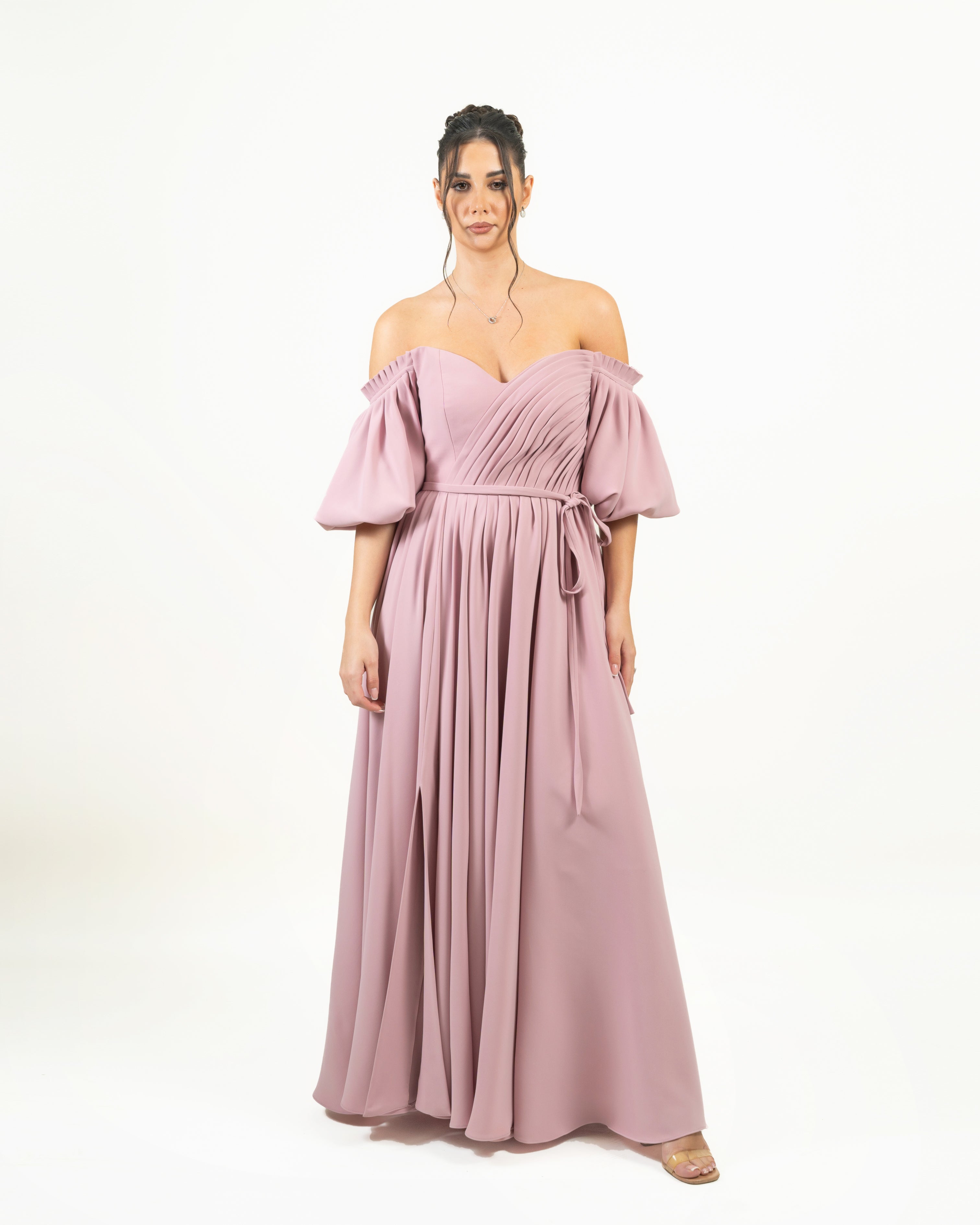 Light Mauve Off-Shoulder Pleated Maxi Dress
