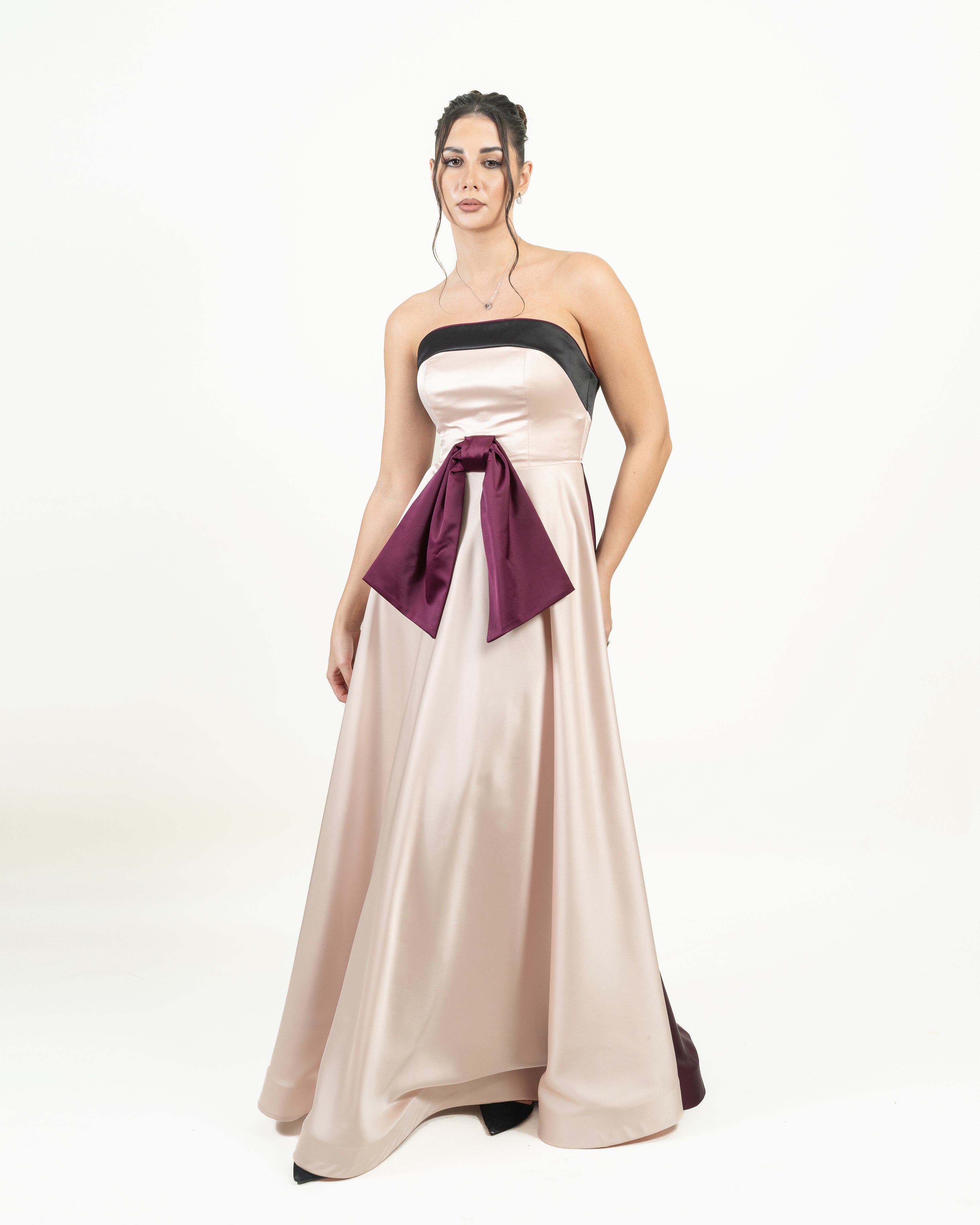Champagne Satin Strapless Gown with Contrast Bow