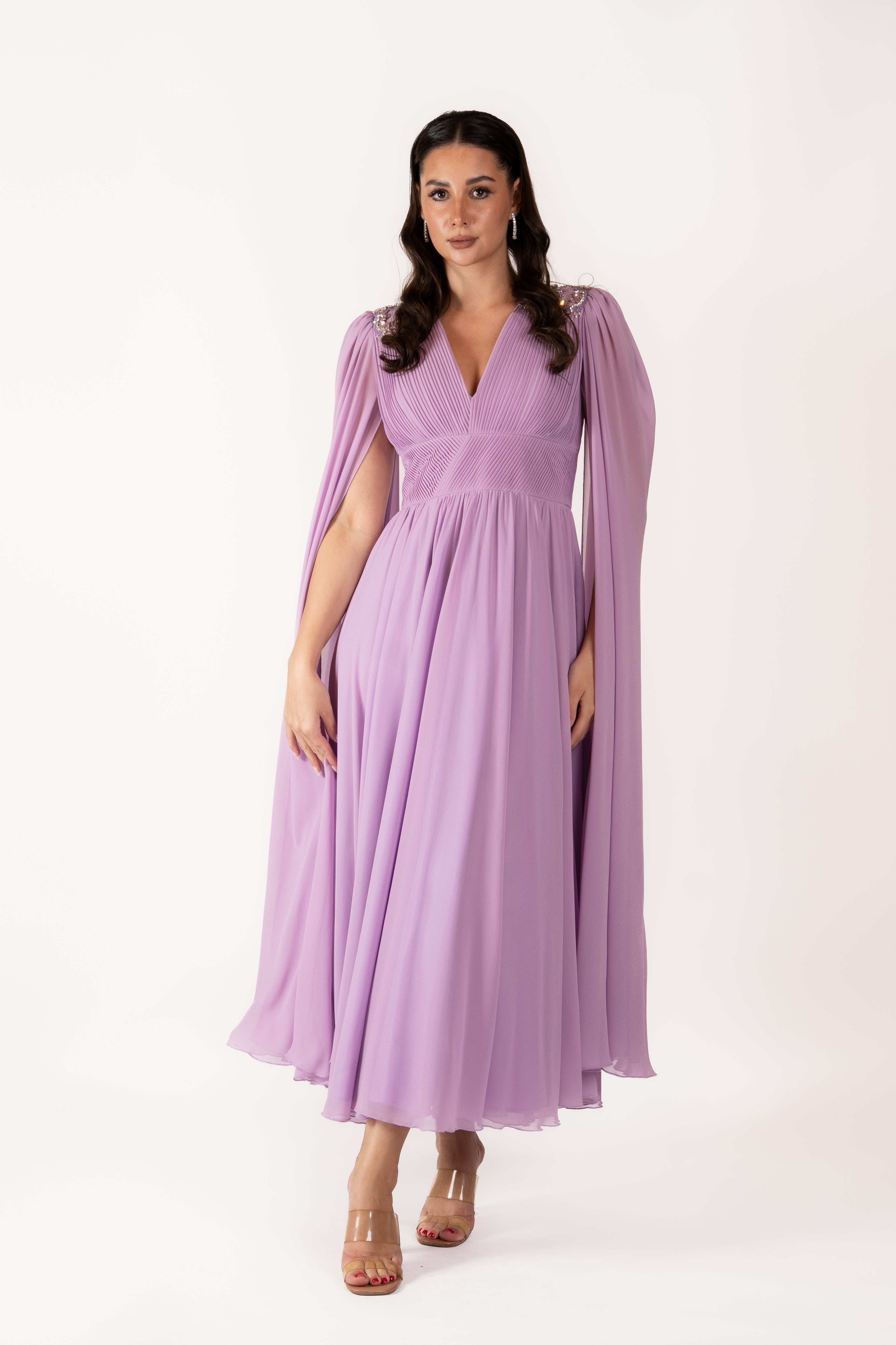 Embellished Cape Dress with Open Back