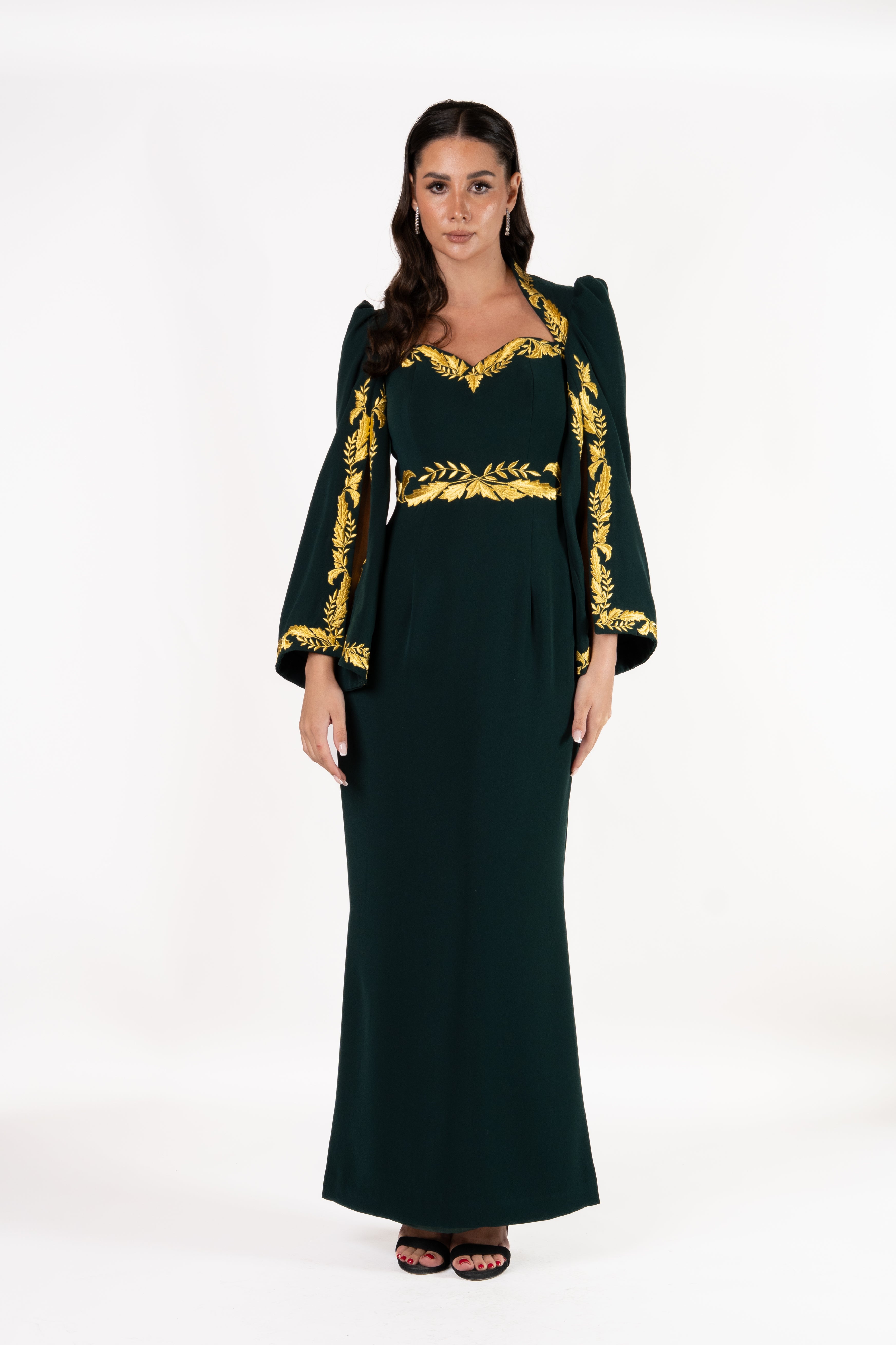 Cape Sleeve Gown with Golden Embroidery