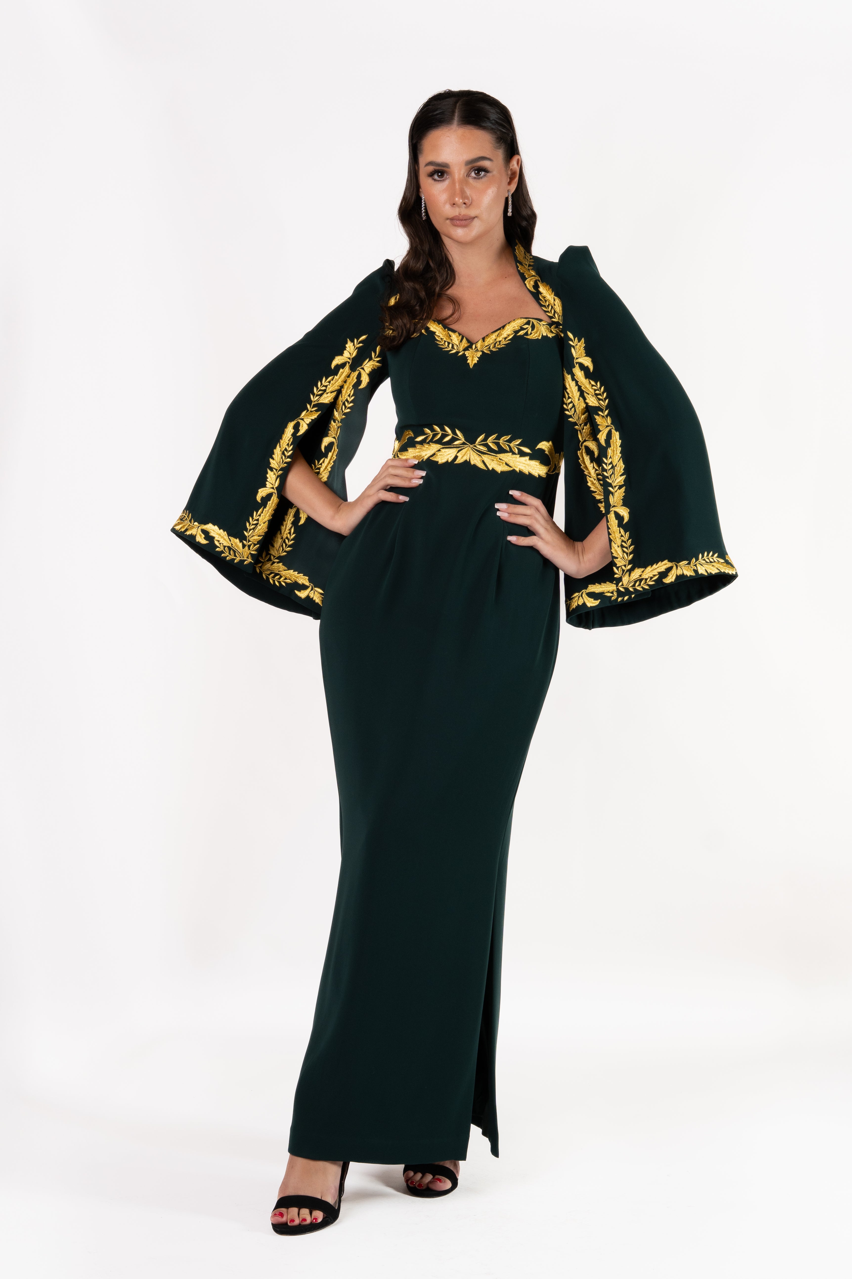 Cape Sleeve Gown with Golden Embroidery