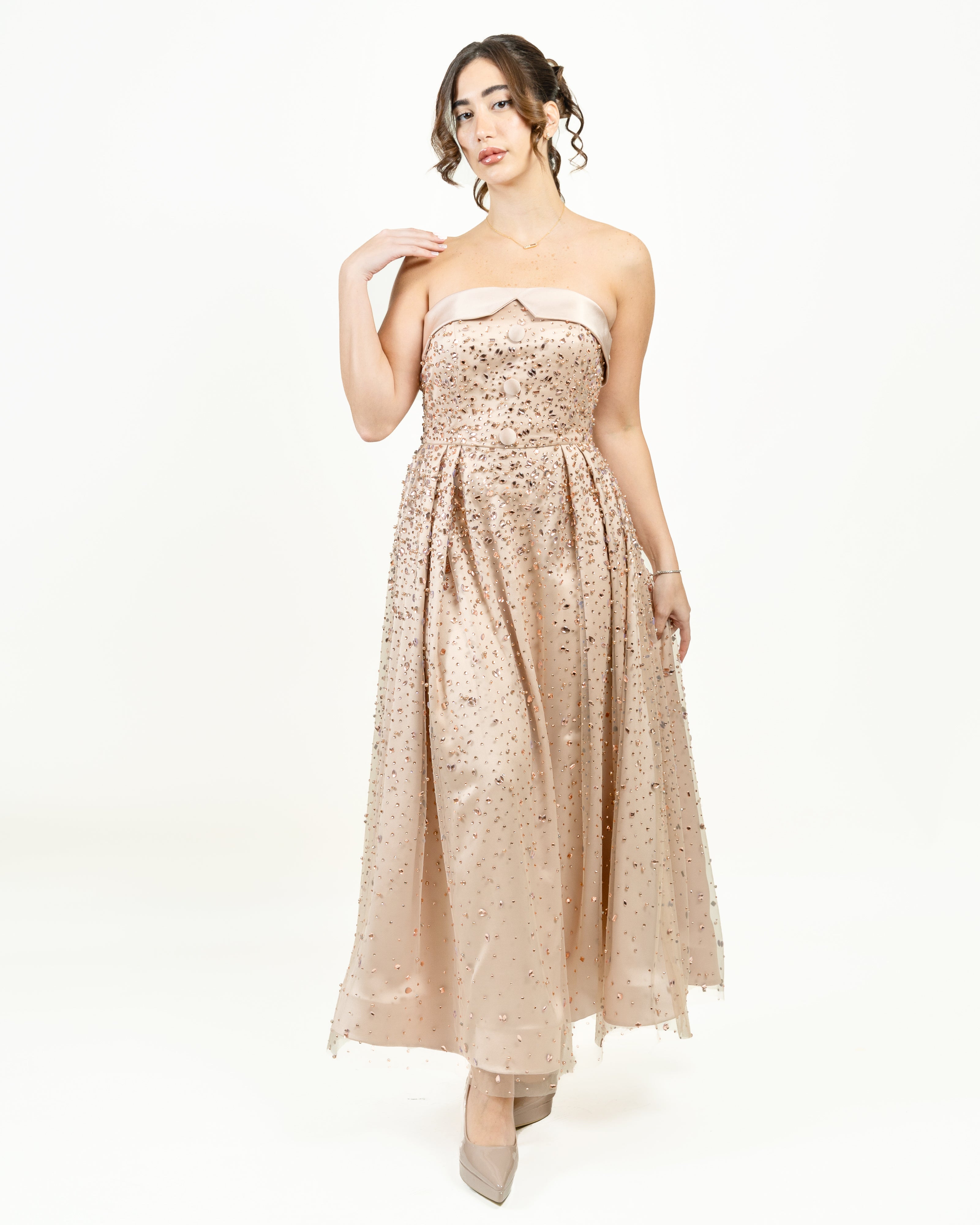 Champagne Elegance Embellished Strapless Gown