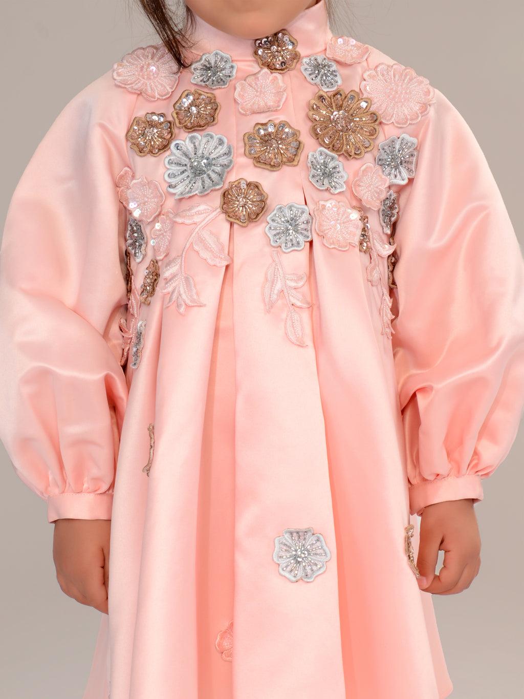 The Blossom Satin Girls Coat Dress with 3D Floral Appliqué
