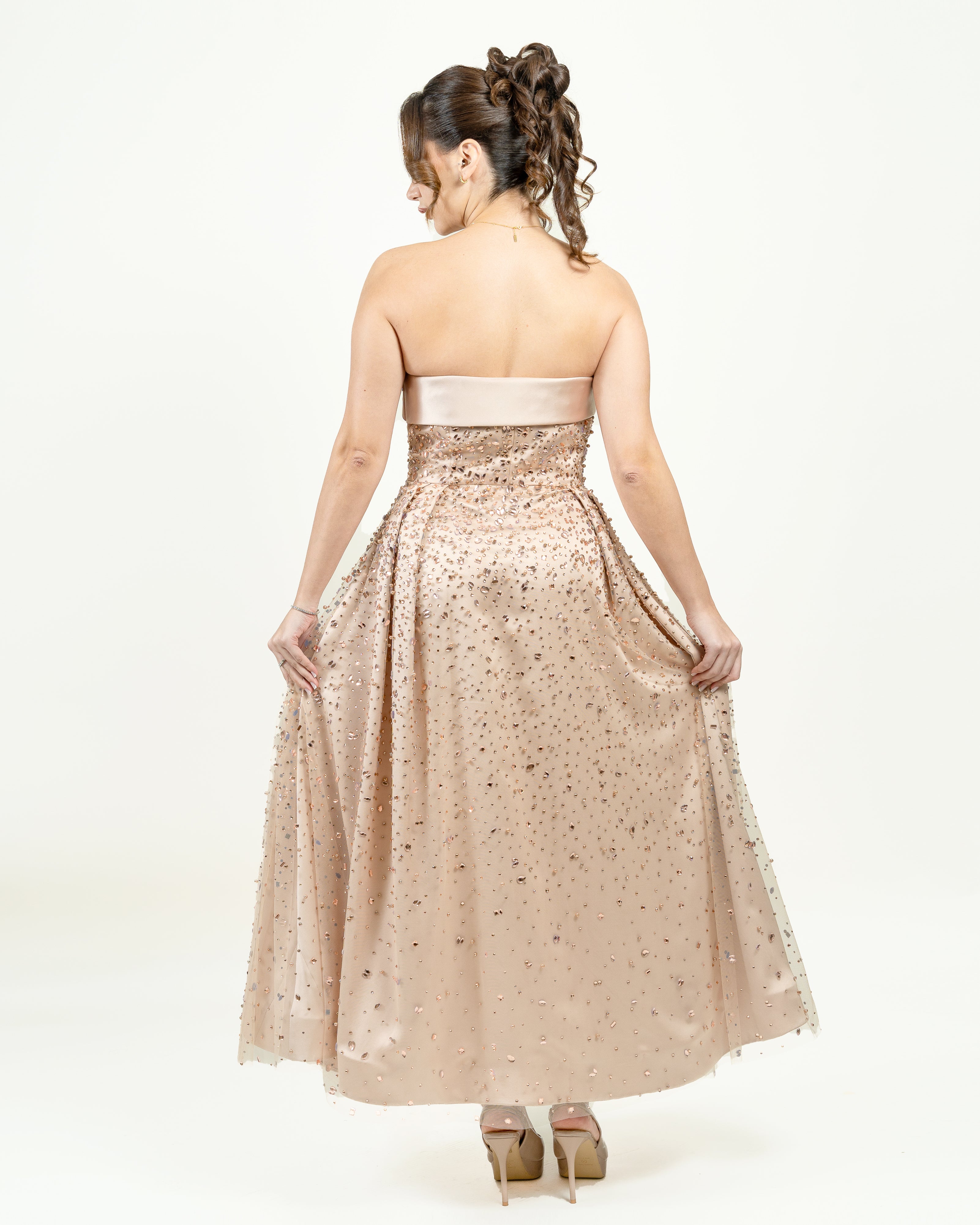 Champagne Elegance Embellished Strapless Gown