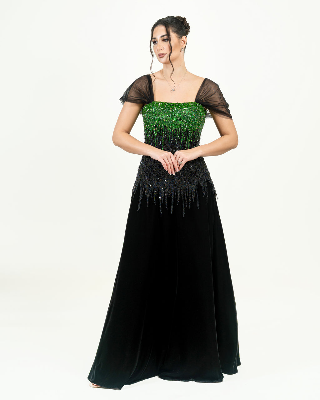 The Emerald Velvet Evening Dress with Embellished Bodice