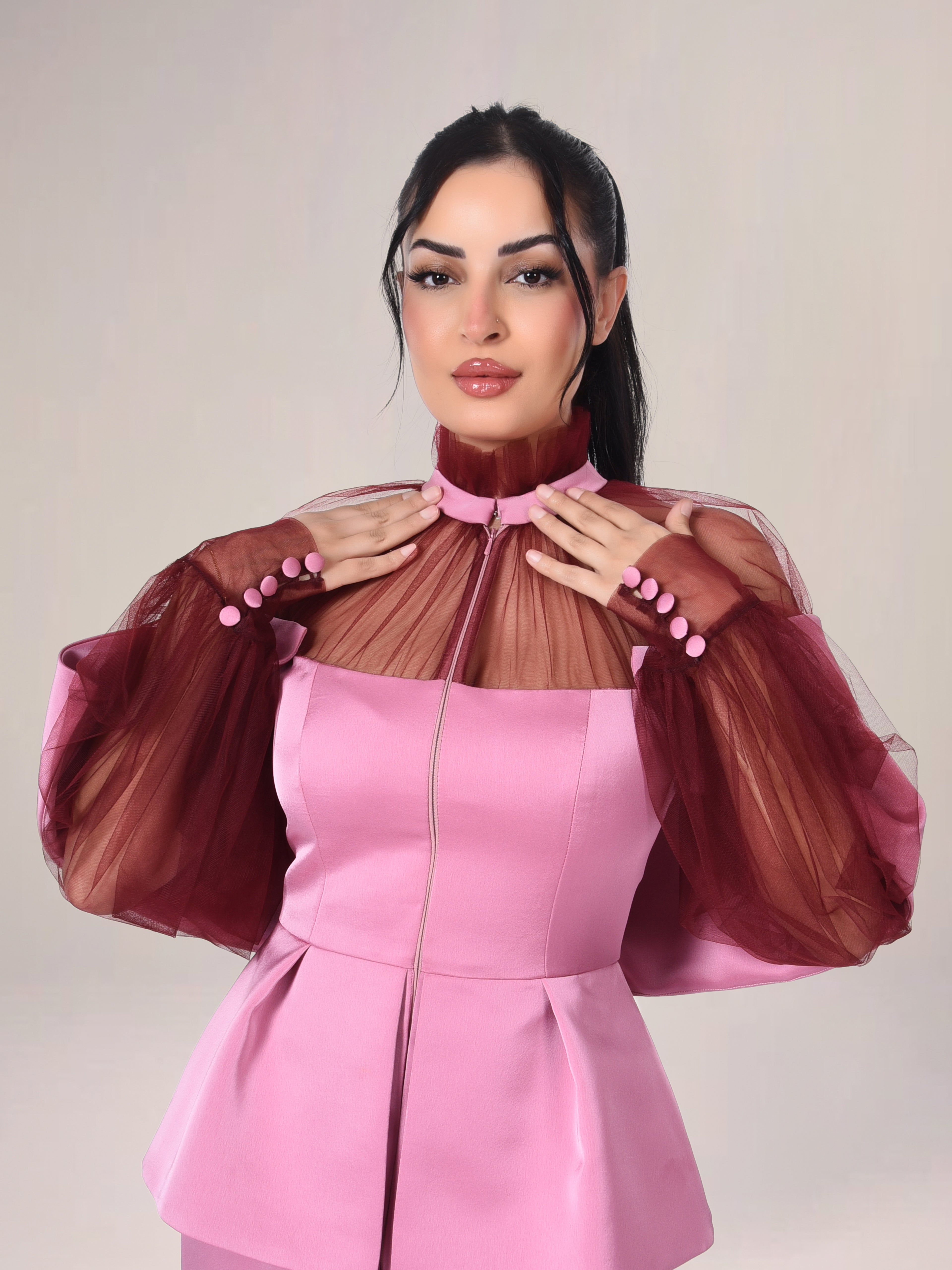 The Layered Silhouette Satin and Net Modest Evening Dress