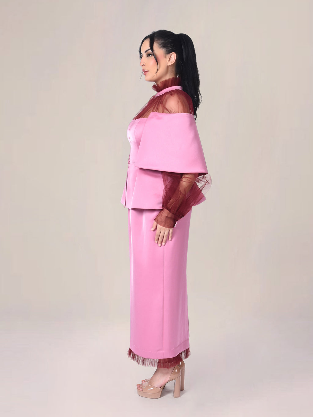 The Layered Silhouette Satin and Net Modest Evening Dress
