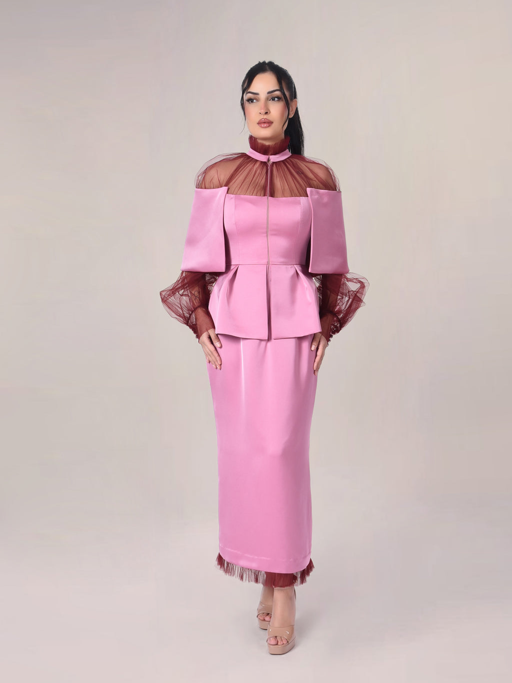 The Layered Silhouette Satin and Net Modest Evening Dress