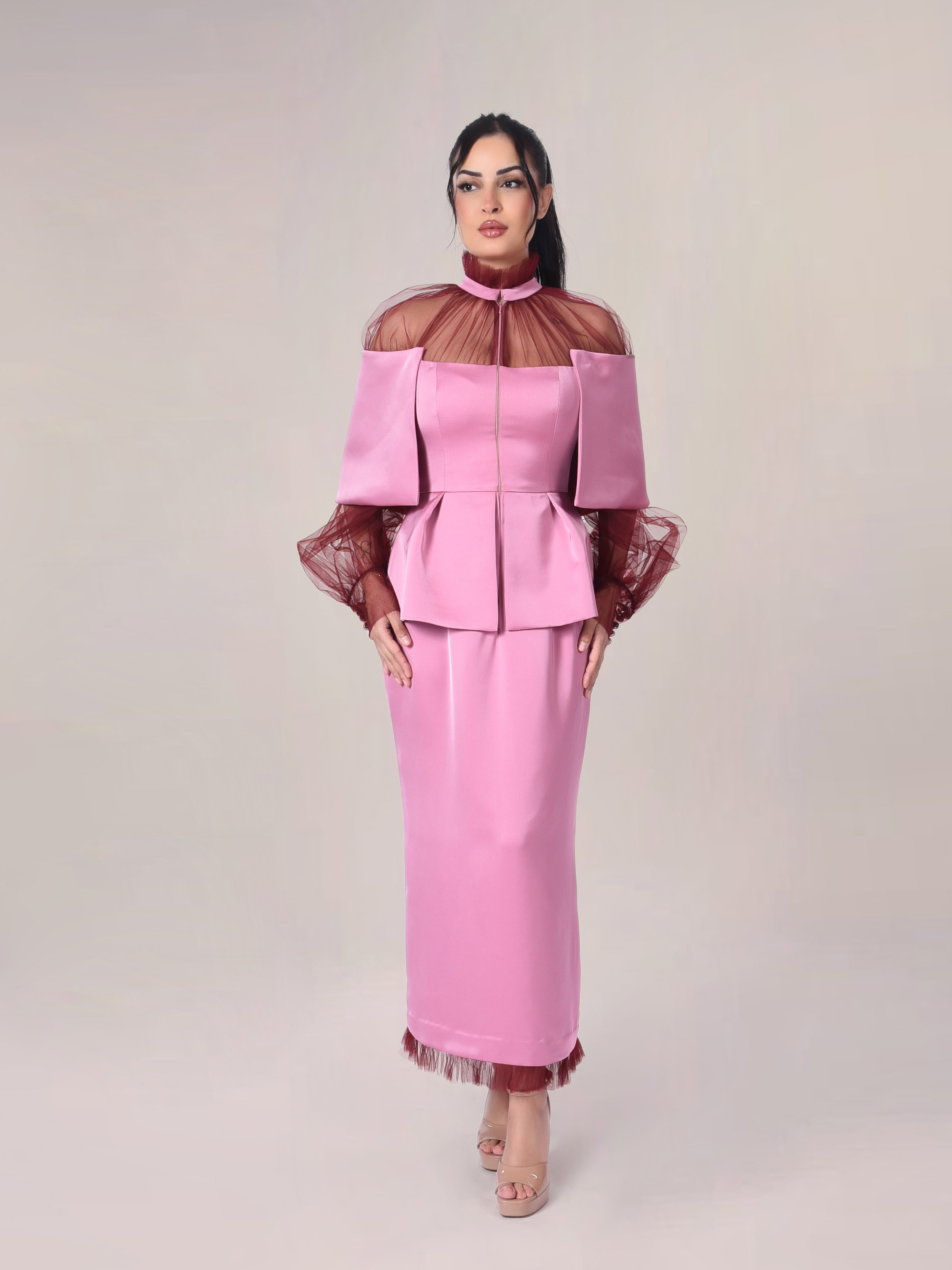 The Layered Silhouette Satin and Net Modest Evening Dress