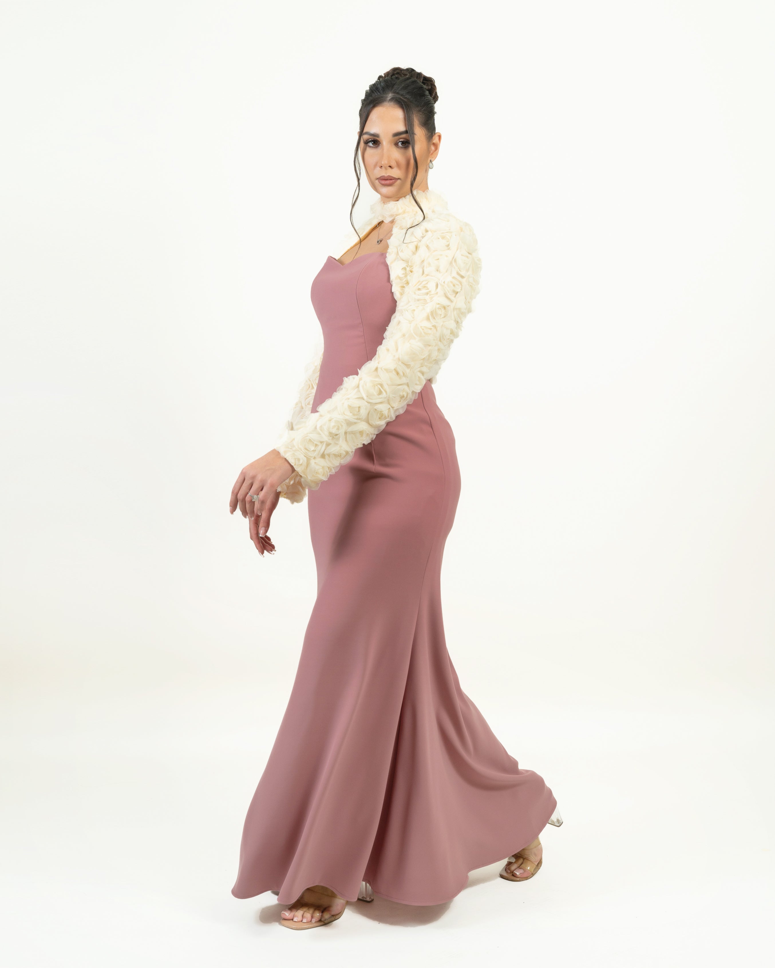 Elegant Evening Gown with Textured Ivory Shrug