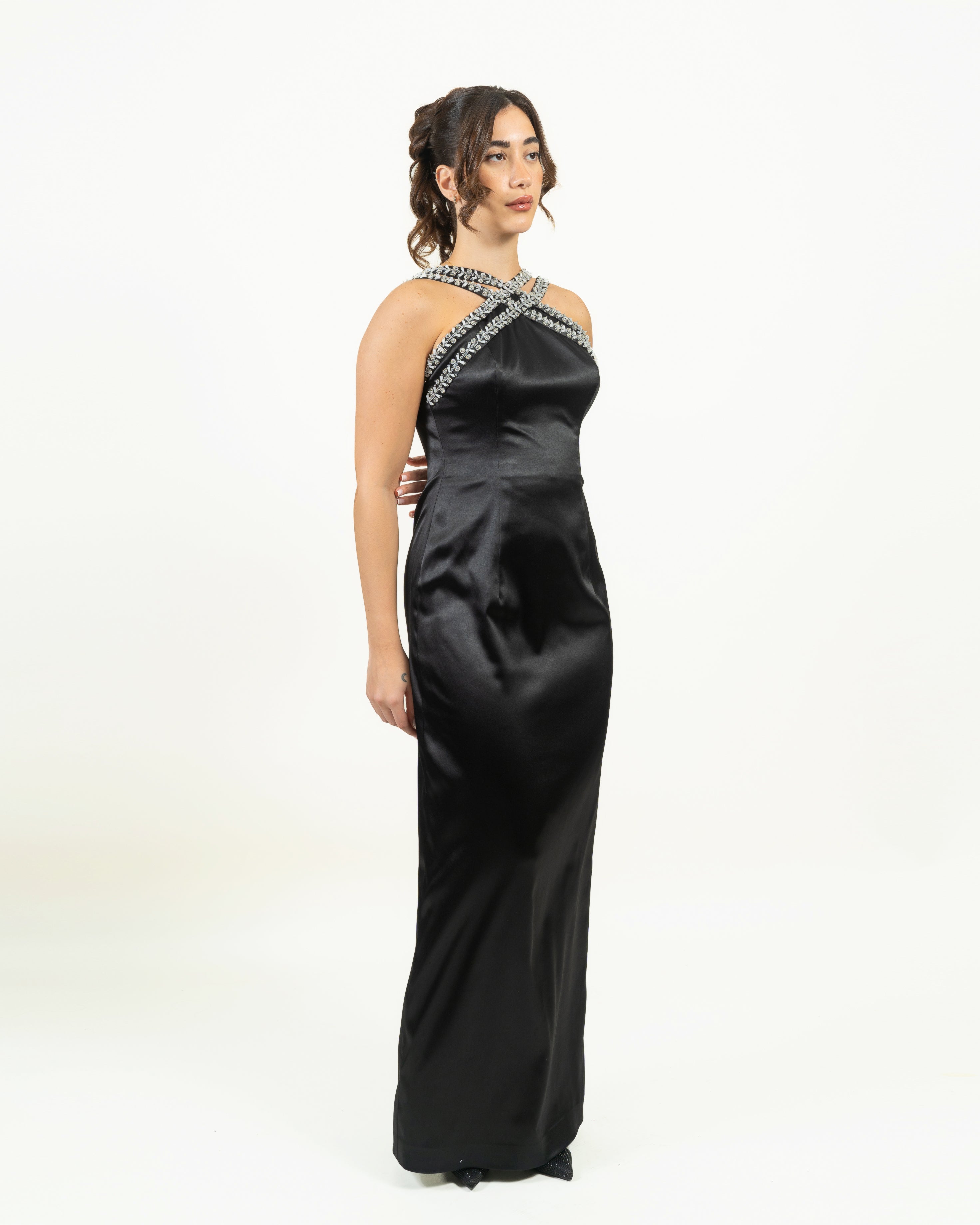 Midnight Elegance Crystal-Trim Satin Gown