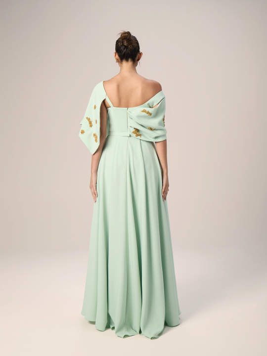 Off-Shoulder Gown with Oversized Bow and Floral Embellishments