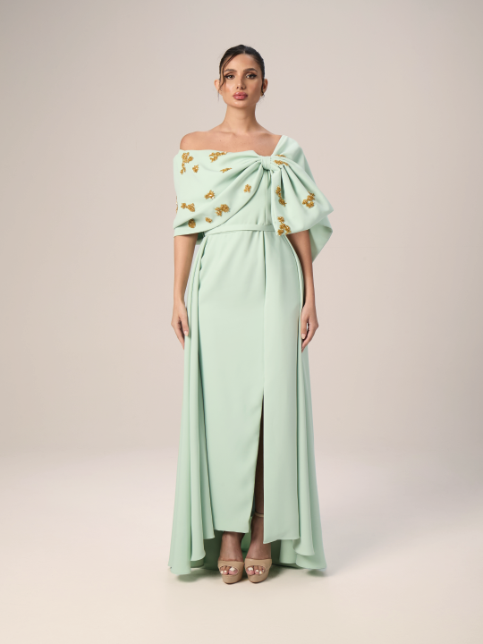 Off-Shoulder Gown with Oversized Bow and Floral Embellishments
