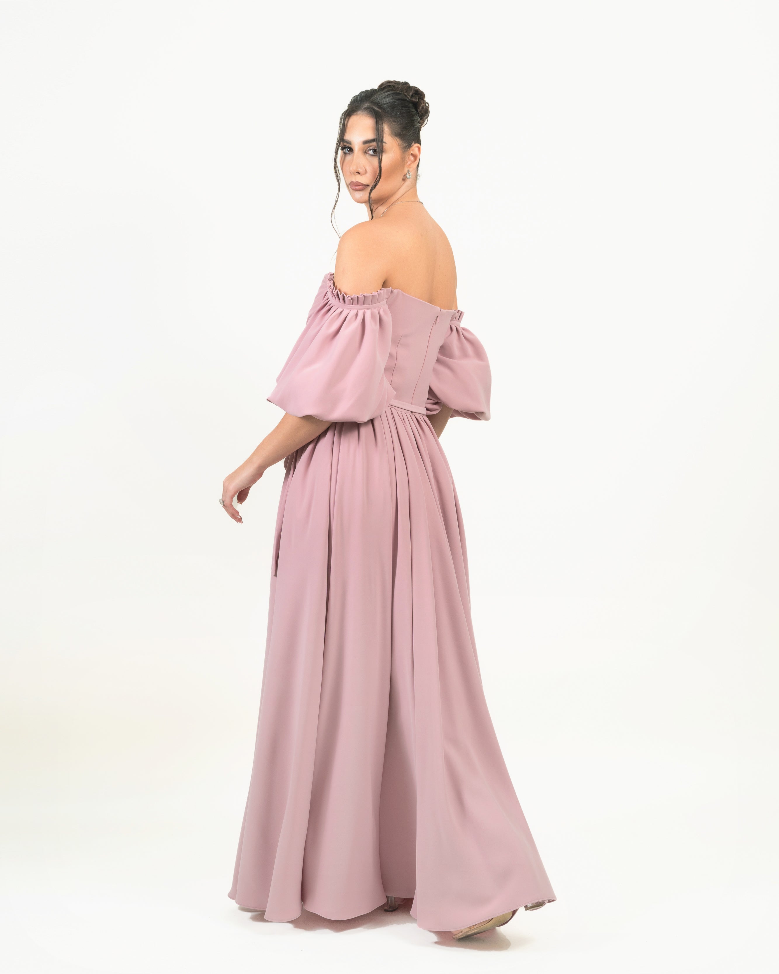 Light Mauve Off-Shoulder Pleated Maxi Dress