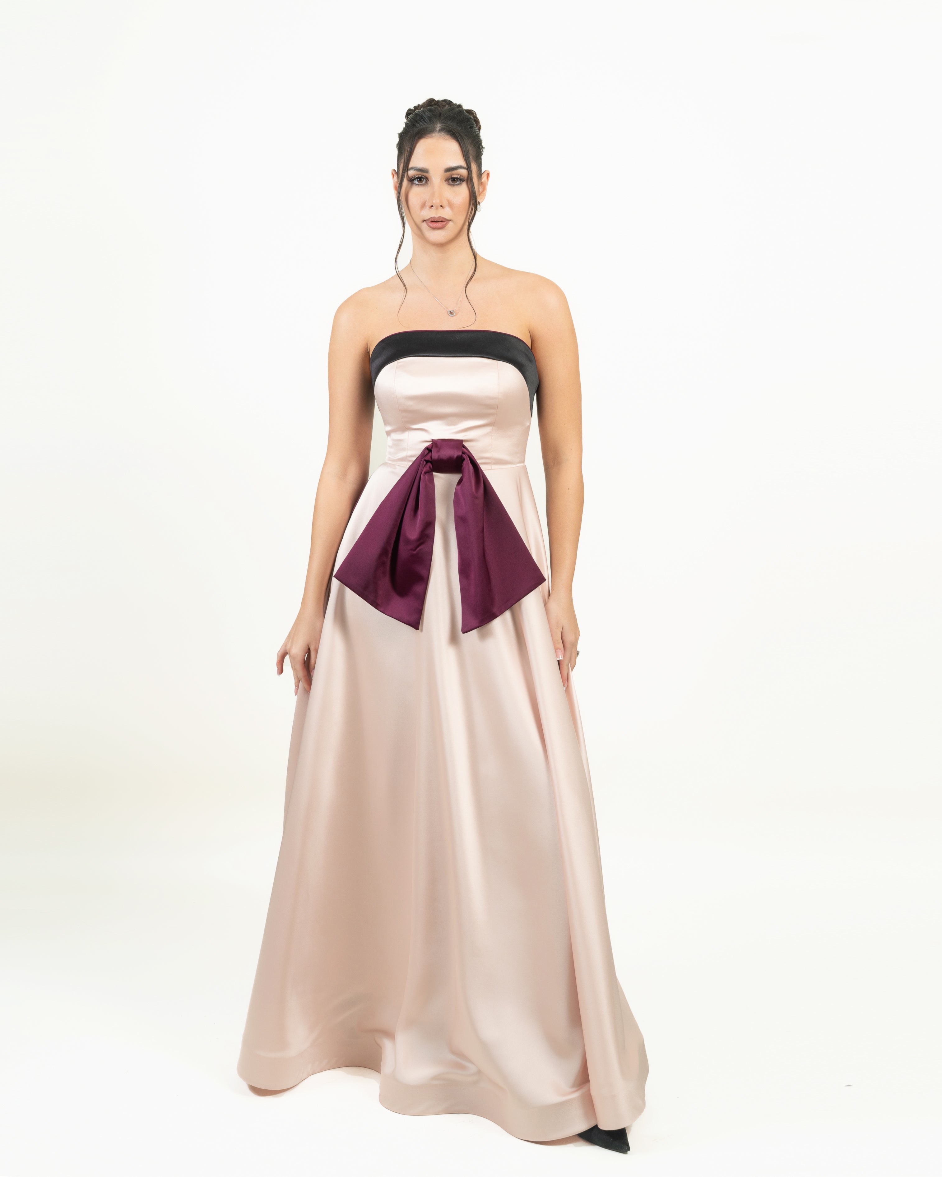 Champagne Satin Strapless Gown with Contrast Bow