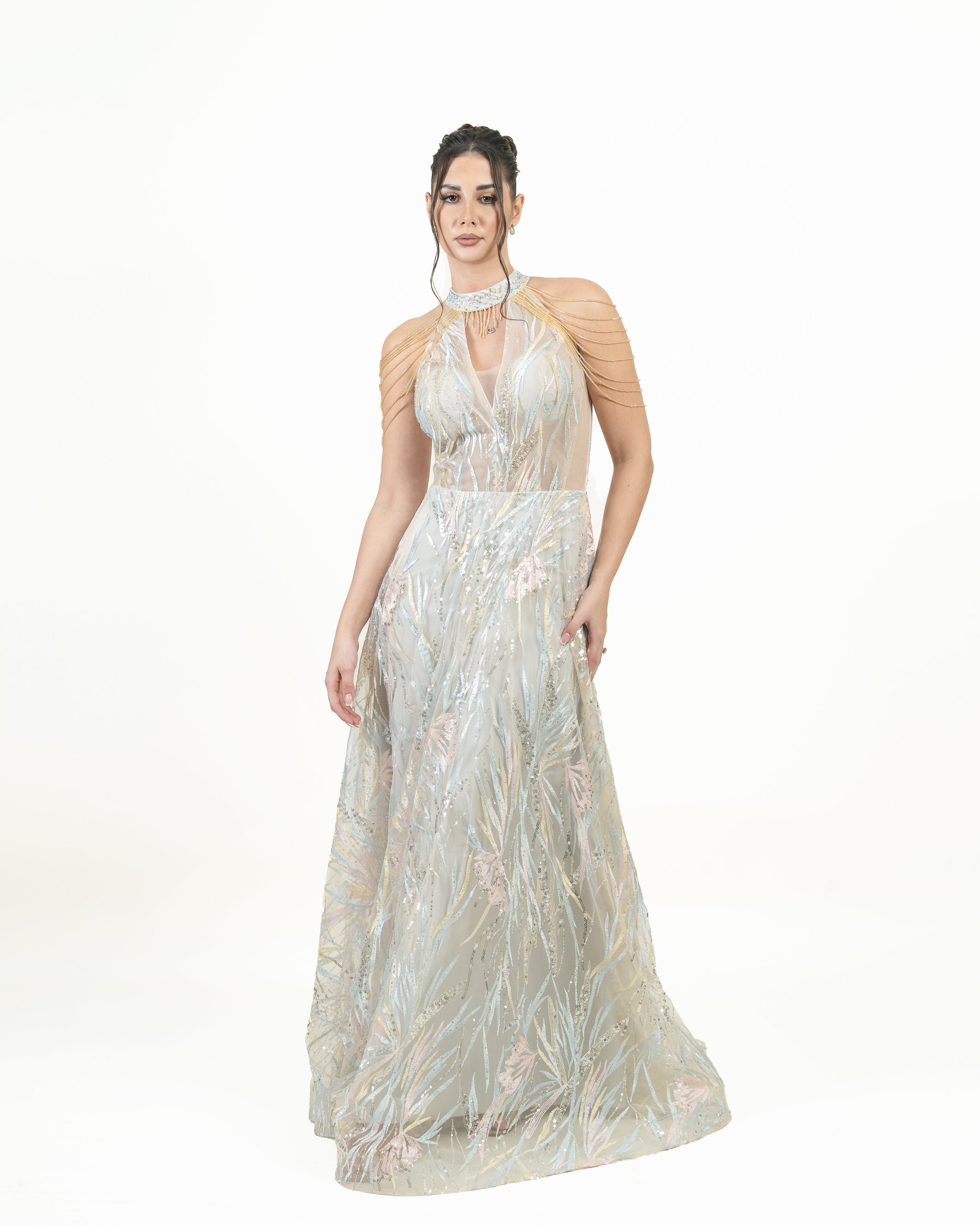 Iridescent Embroidered Halter Gown with Beaded Shoulder Chains