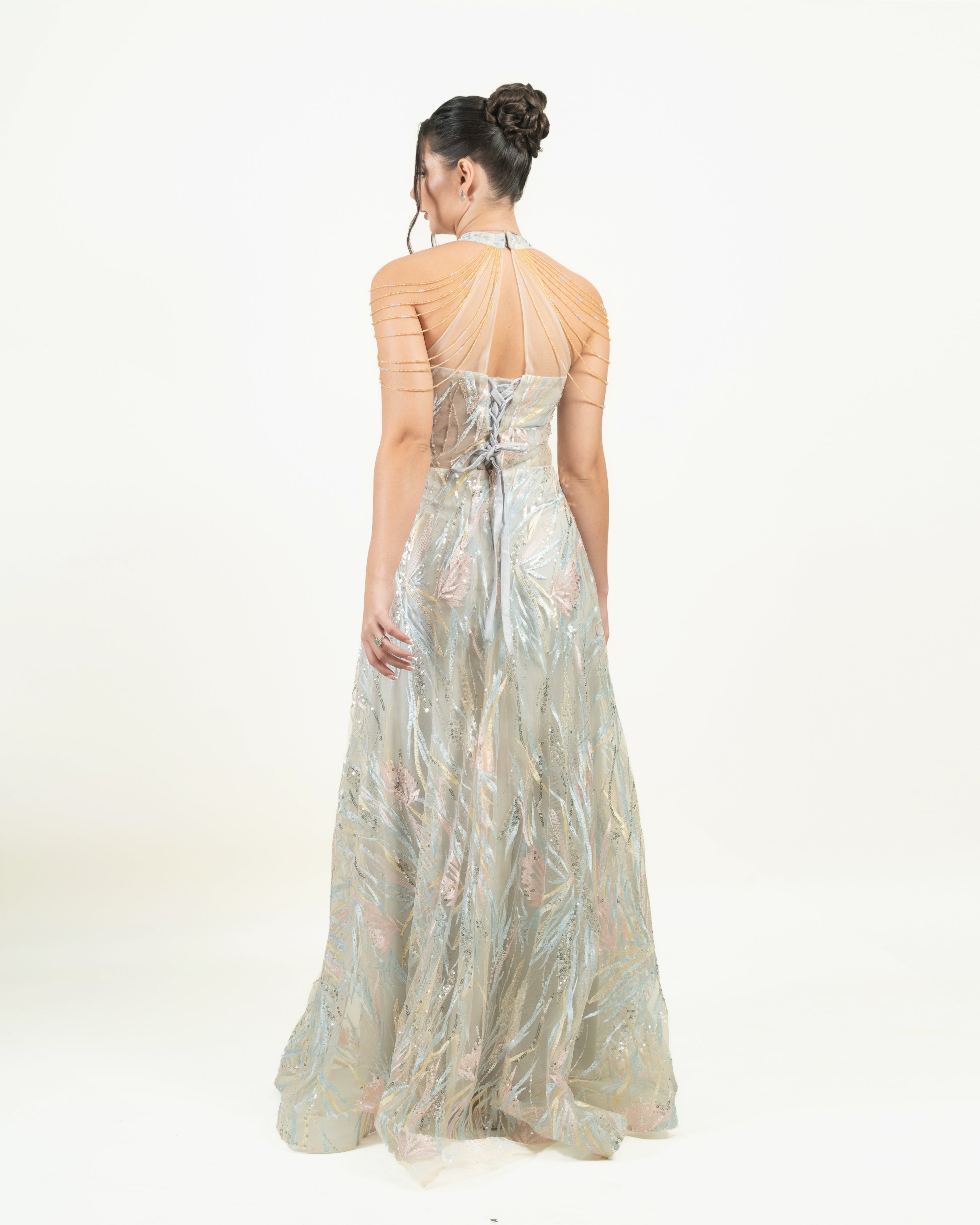 Iridescent Embroidered Halter Gown with Beaded Shoulder Chains