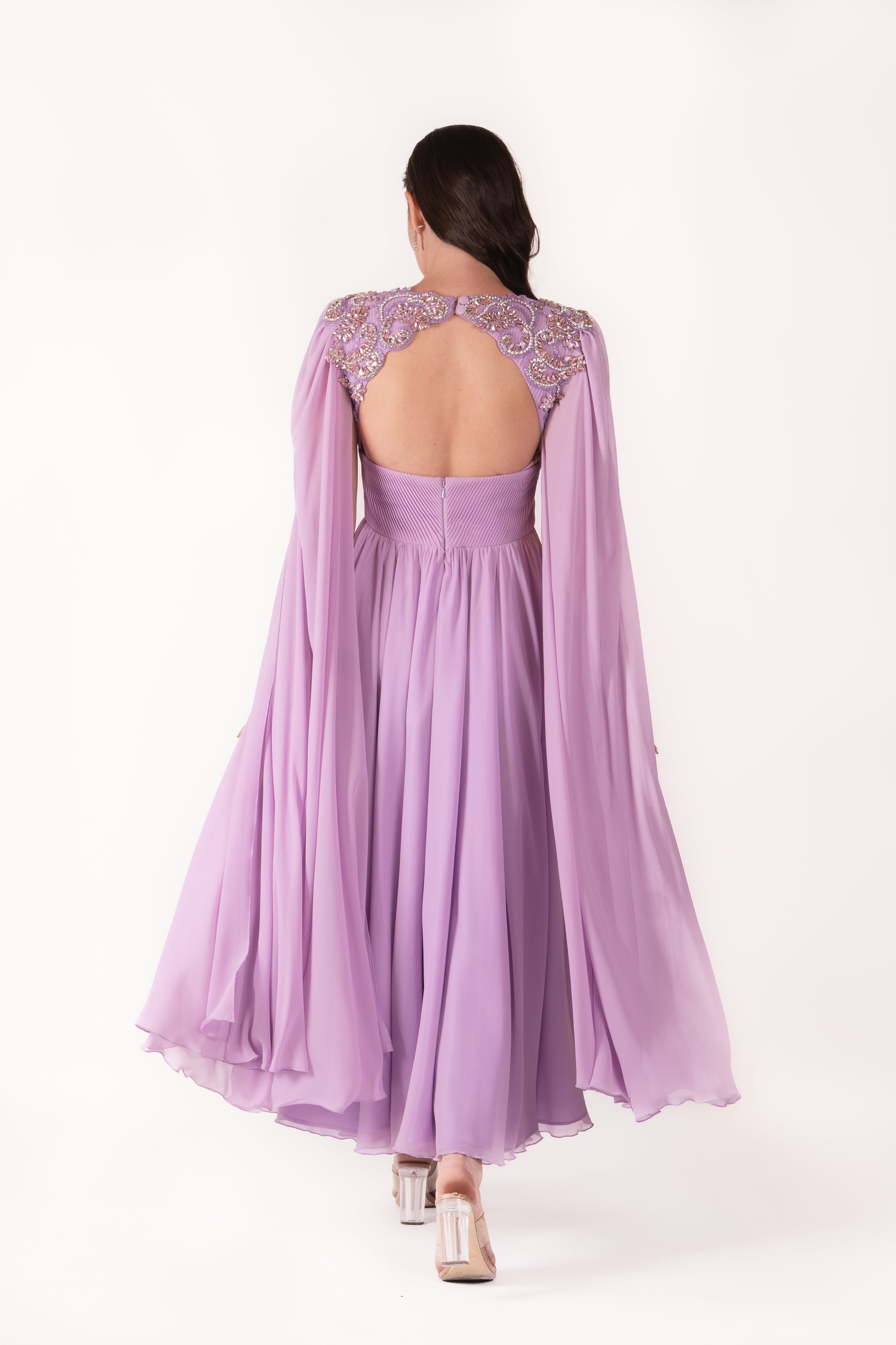 Embellished Cape Dress with Open Back