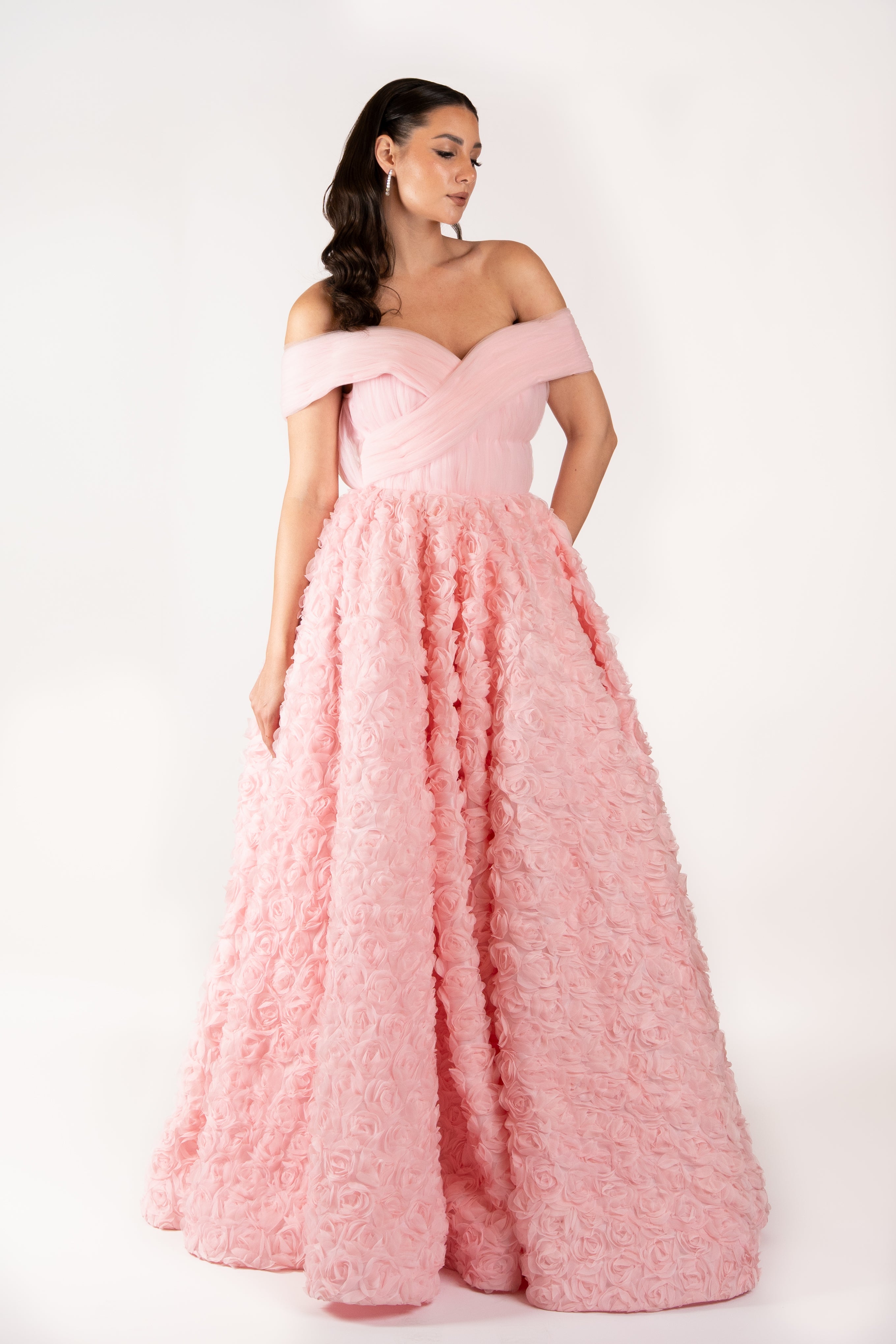 Off-Shoulder 3D Floral Textured Ball Gown