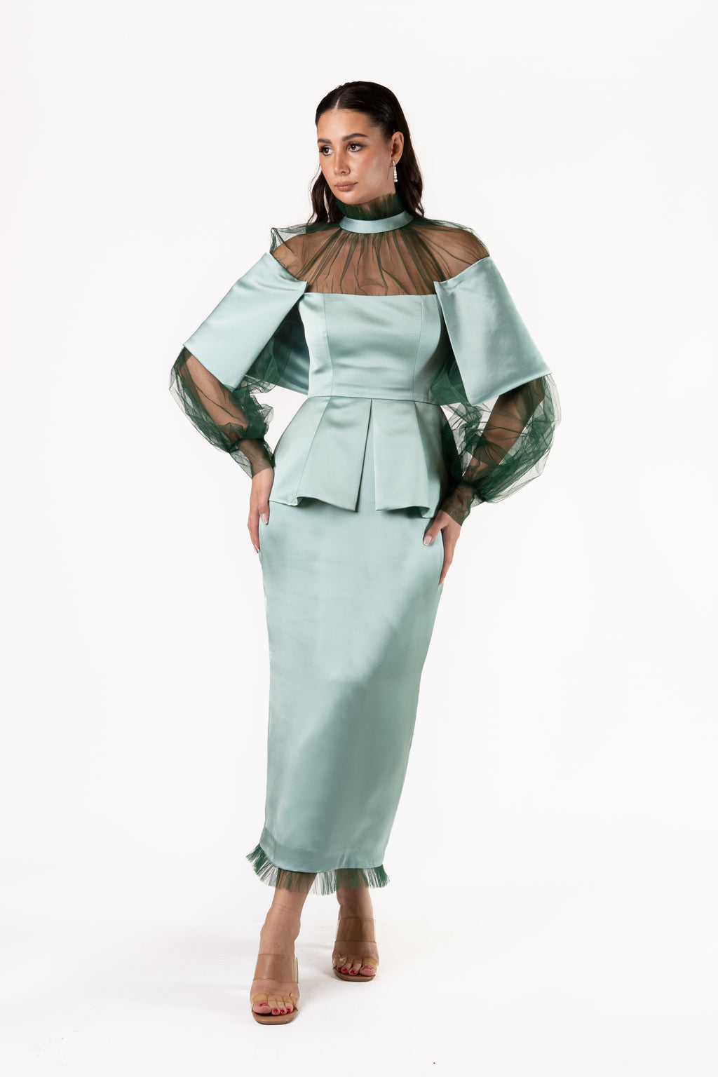 The Layered Silhouette Satin and Net Modest Evening Dress