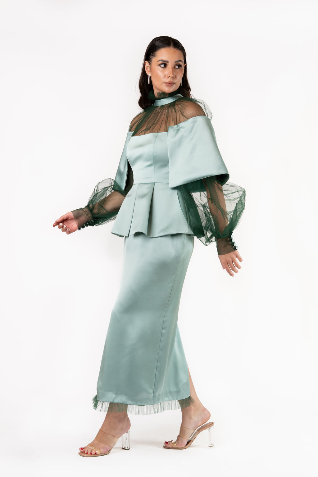 The Layered Silhouette Satin and Net Modest Evening Dress