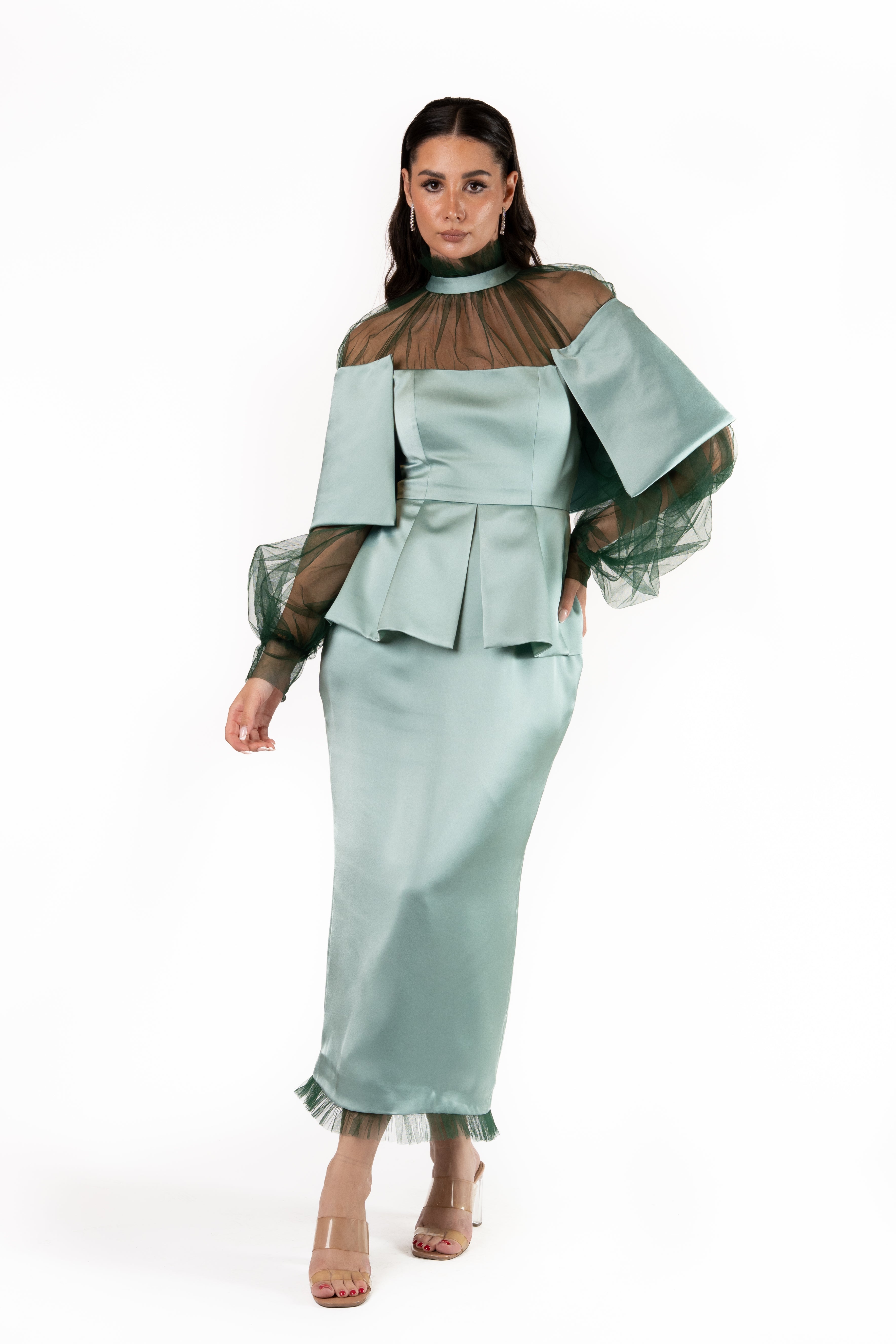 Pastel Green Dress with Net Sleeves