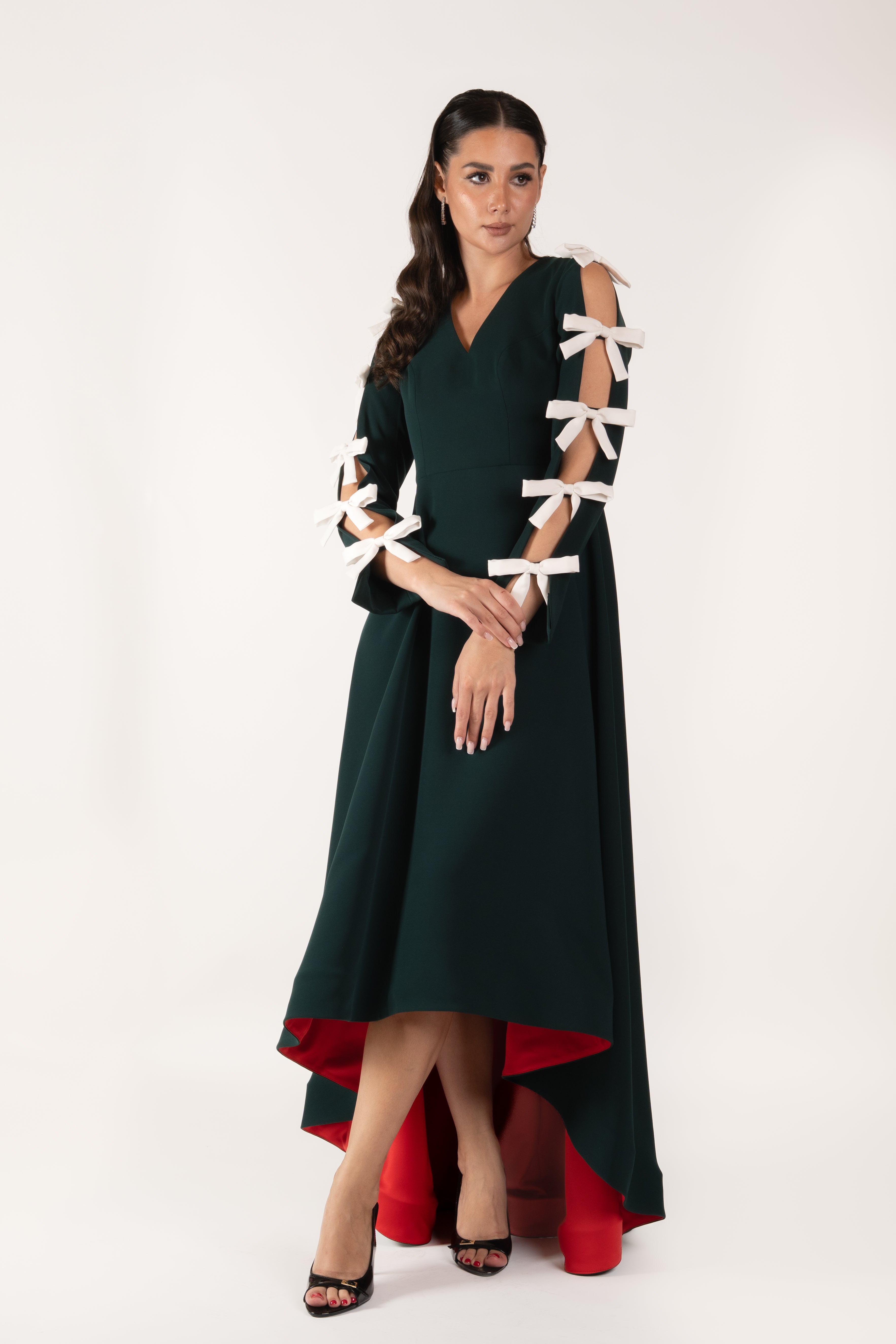 Asymmetrical-Hem Dress with Bow-Sleeve Detailing