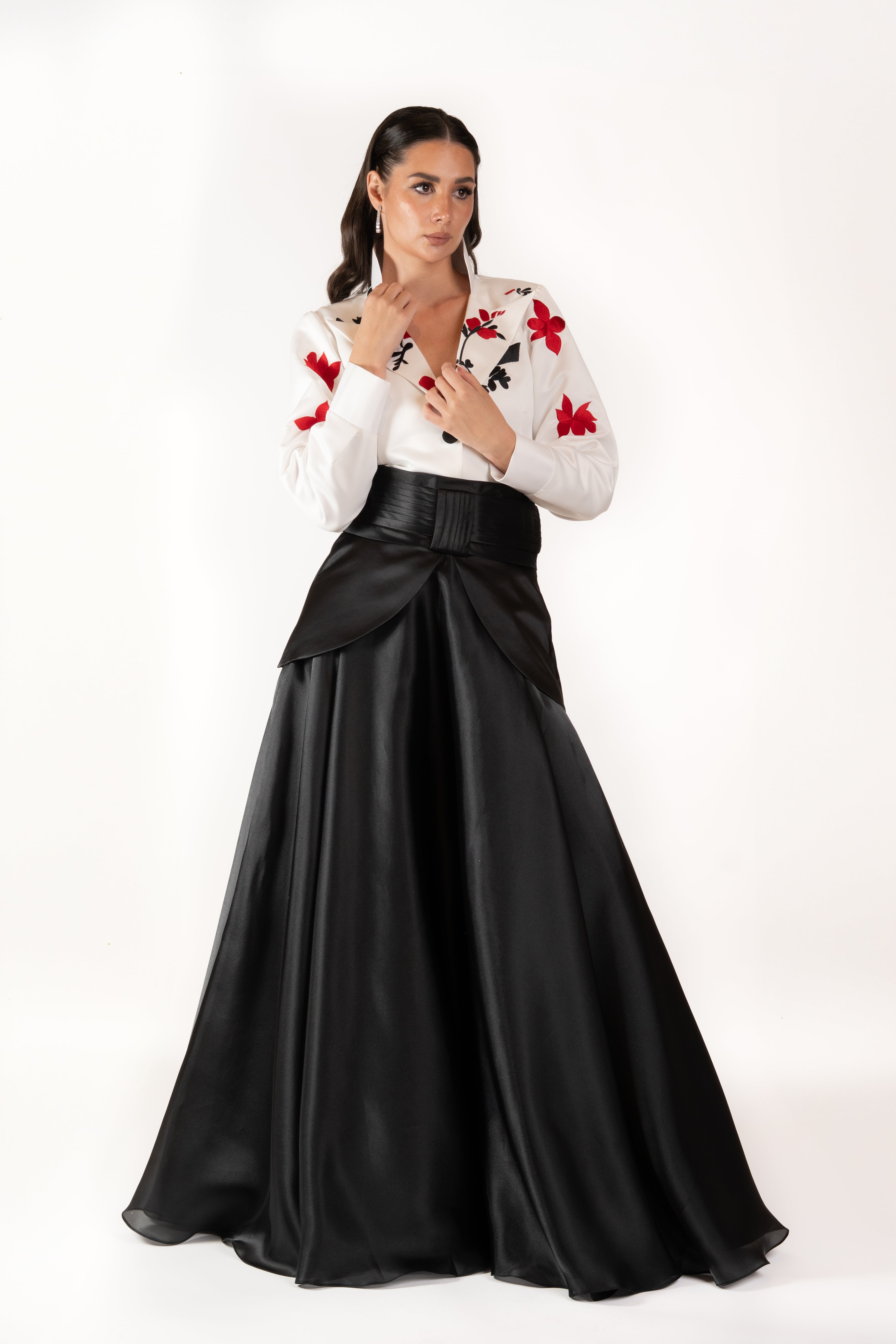 Two-Tone Floral Embroidered Blouse & Maxi Skirt Set