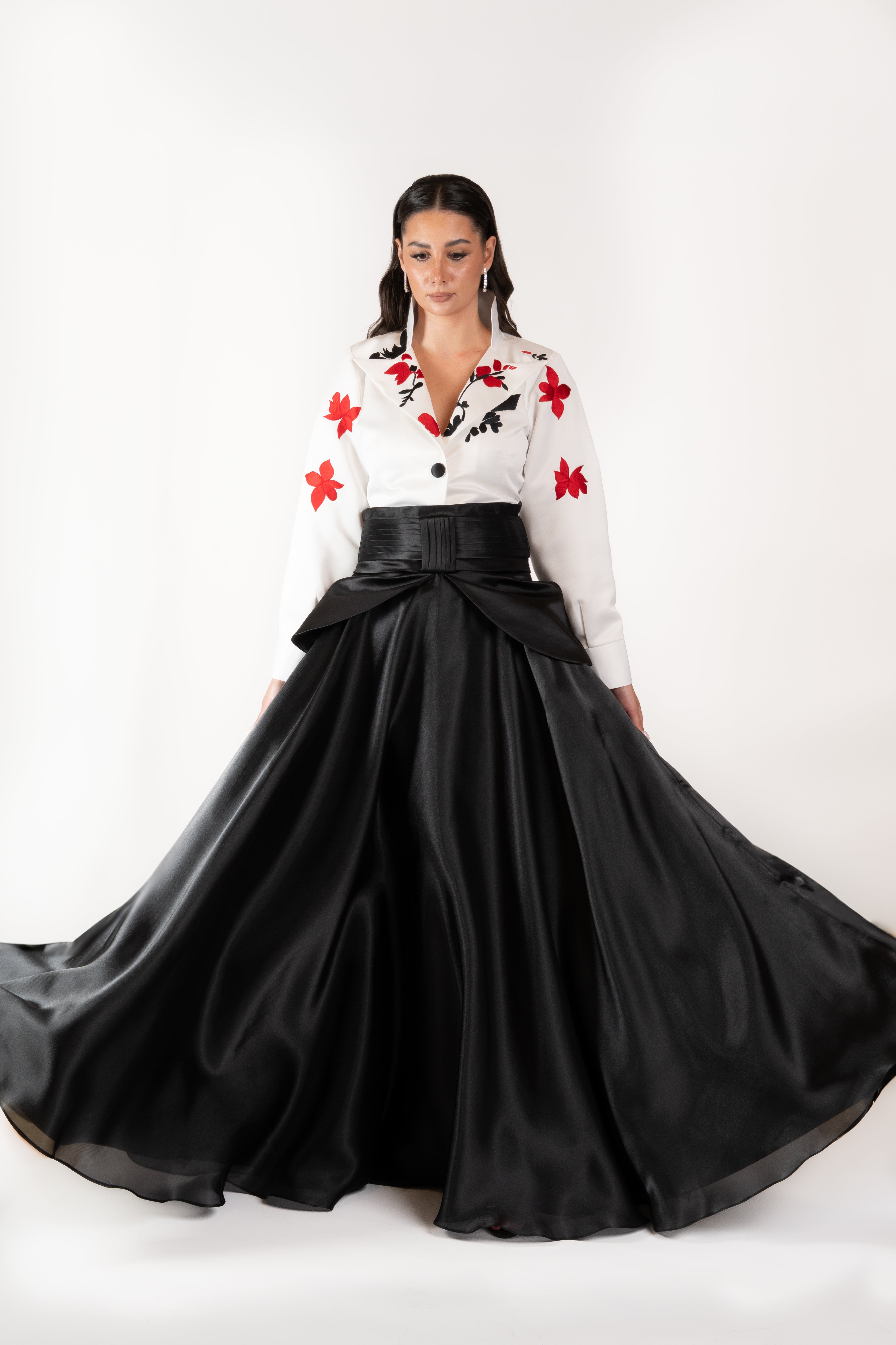 Two-Tone Floral Embroidered Blouse & Maxi Skirt Set