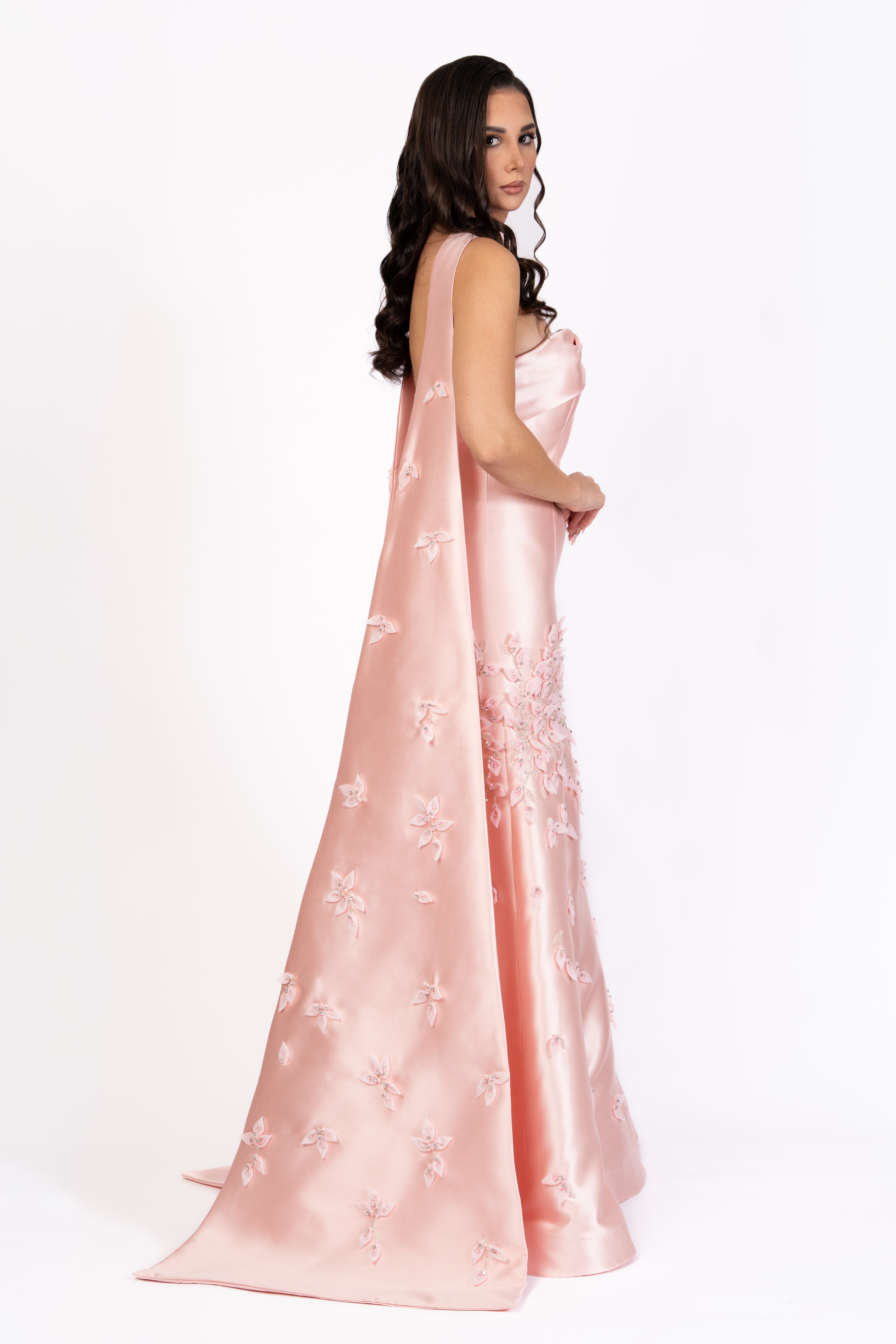 Strapless Gown with Embroidered Cape Back