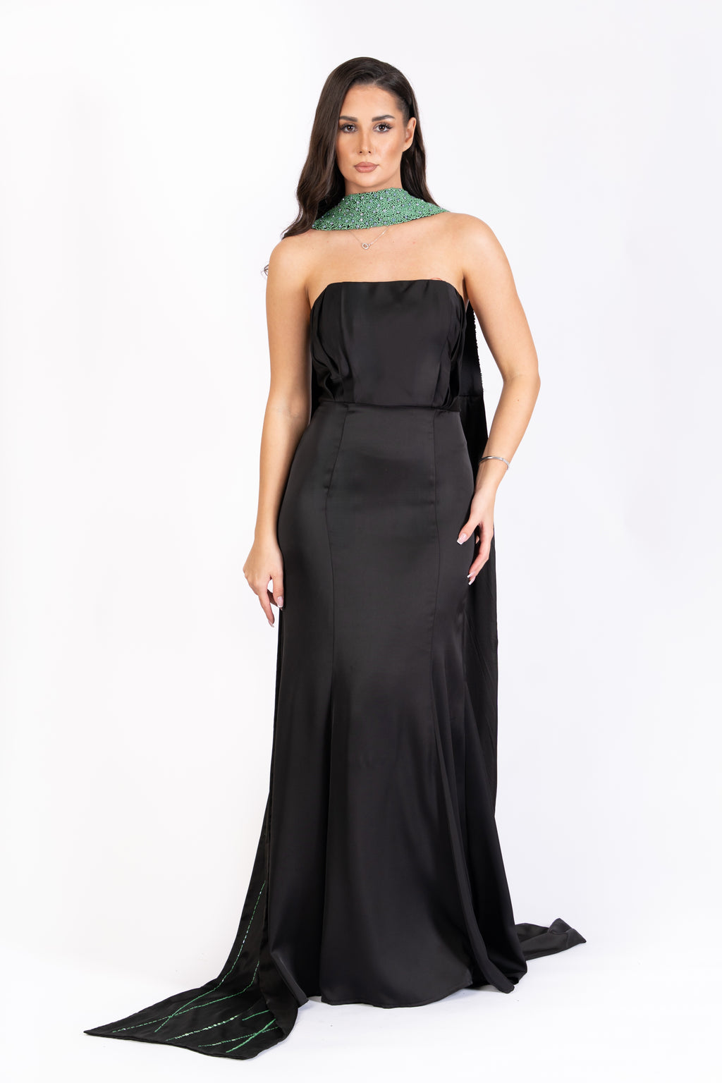 The Black Pearl Satin Evening Dress with Embellished Scarf