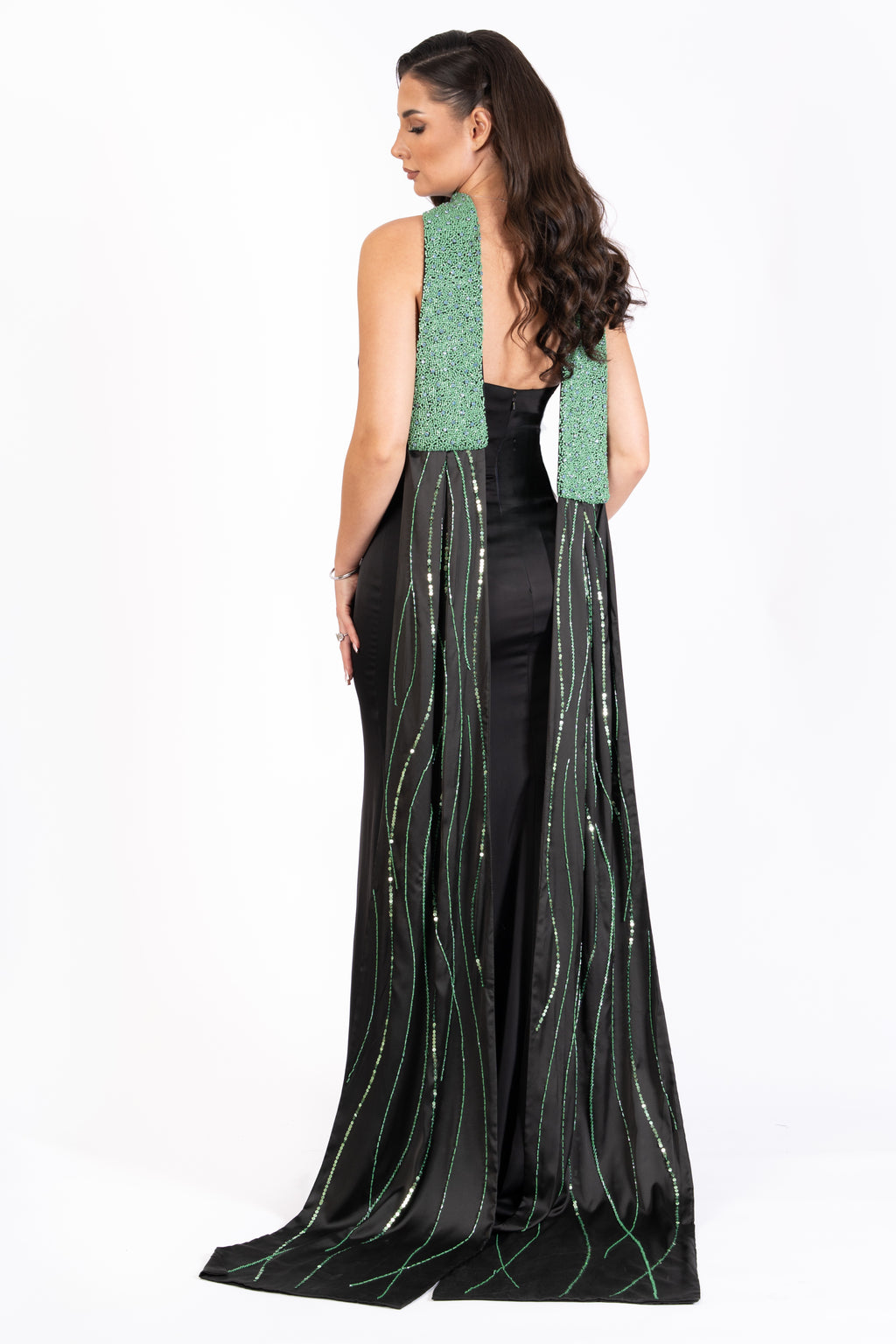 The Black Pearl Satin Evening Dress with Embellished Scarf