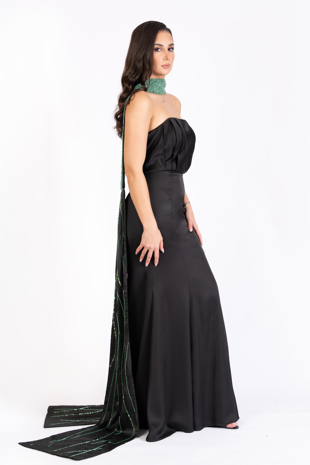 The Black Pearl Satin Evening Dress with Embellished Scarf