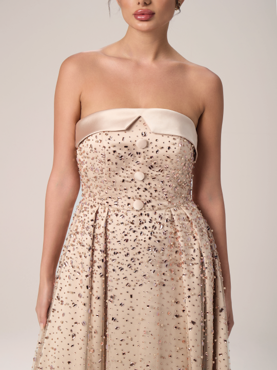 Champagne Elegance Embellished Strapless Gown
