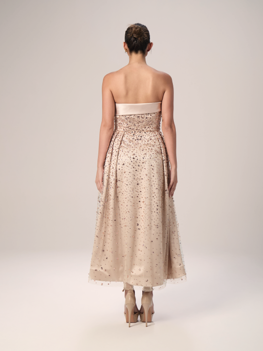 Champagne Elegance Embellished Strapless Gown