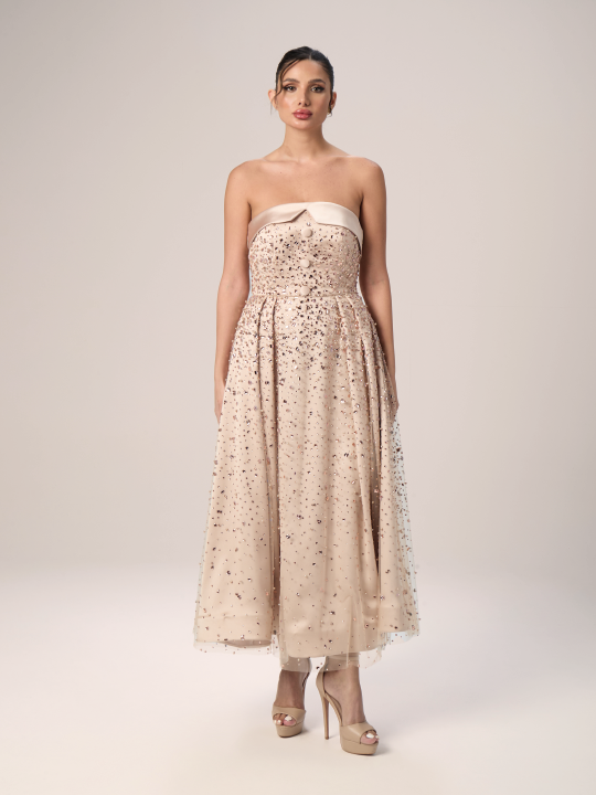 Champagne Elegance Embellished Strapless Gown