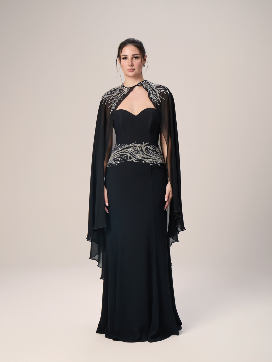 The Night Grace Crepe Evening Dress with Chiffon Cape