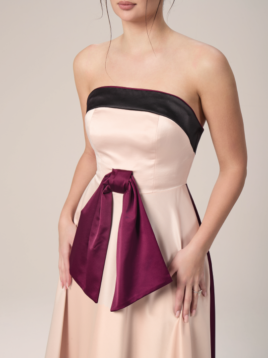 Champagne Satin Strapless Gown with Contrast Bow