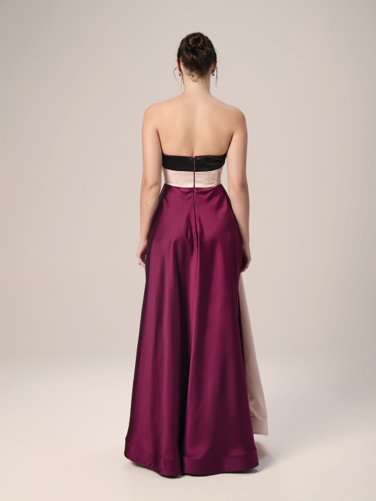 Champagne Satin Strapless Gown with Contrast Bow
