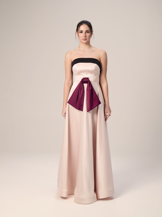 Champagne Satin Strapless Gown with Contrast Bow