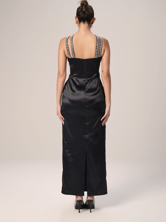 Midnight Elegance Crystal-Trim Satin Gown