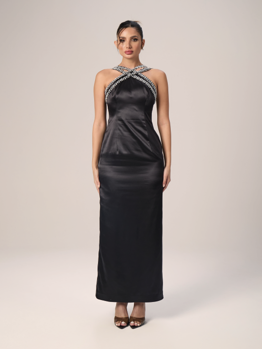 Midnight Elegance Crystal-Trim Satin Gown