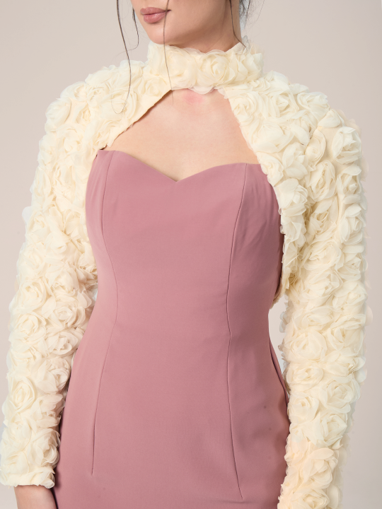 The Poised Moroccan Crepe Evening Dress with Floral Shrug