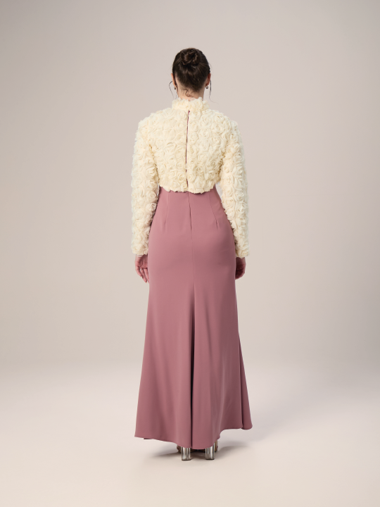 The Poised Moroccan Crepe Evening Dress with Floral Shrug