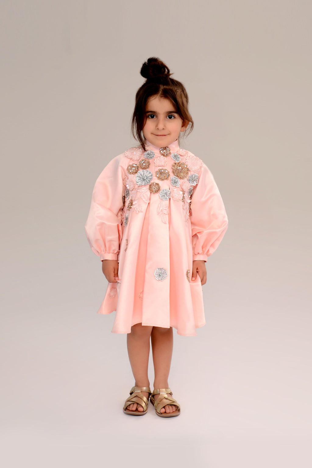 The Blossom Satin Girls Coat Dress with 3D Floral Appliqué